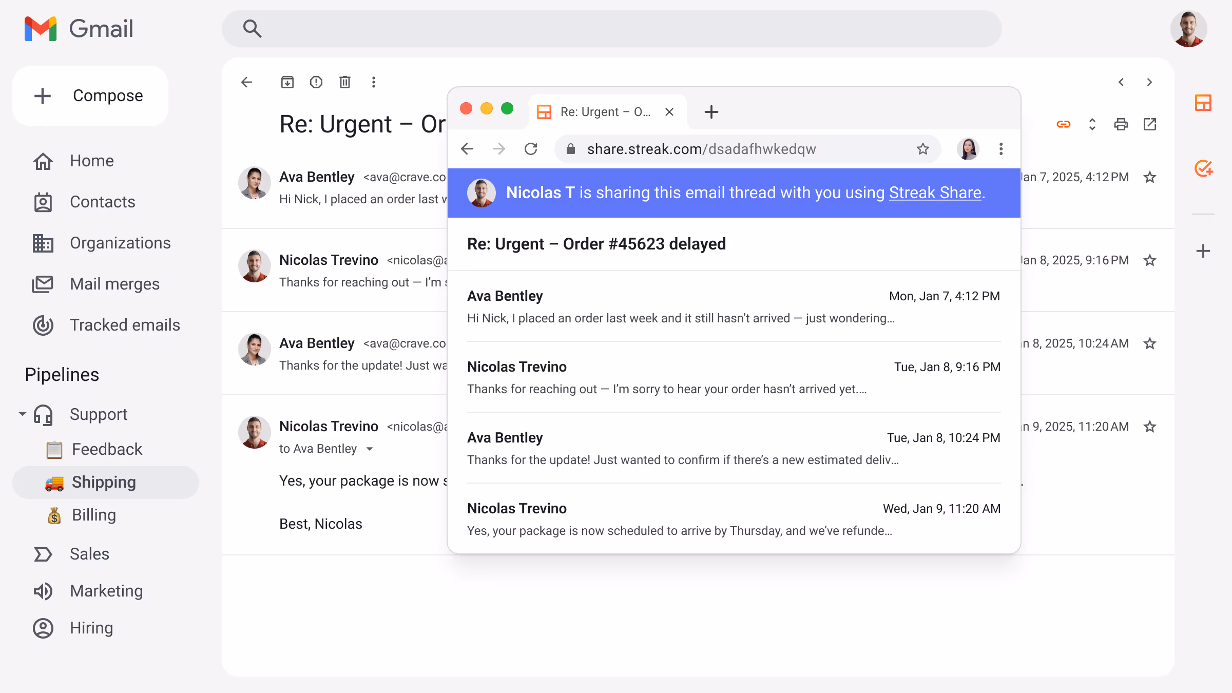 Streak Share feature showing a shared email thread in a browser tab.