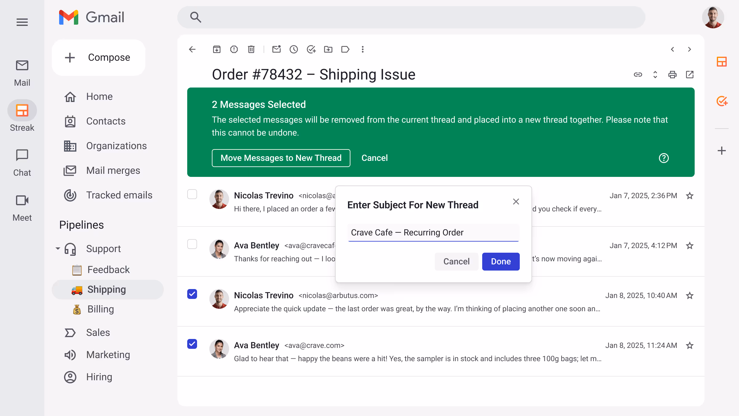 Gmail interface showing a modal to enter a new subject when splitting selected emails into a new thread using Streak’s Thread Splitter tool.