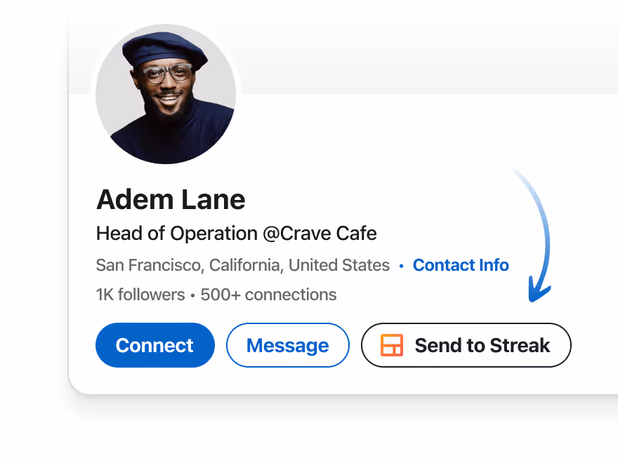 LinkedIn profile showing a “Send to Streak” button to create leads directly from LinkedIn.
