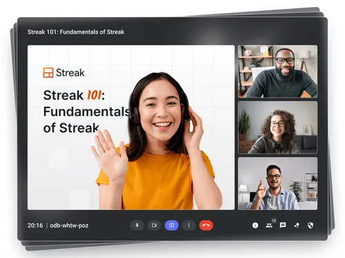 Video call screen showing a woman in an orange shirt with a headset waving, and three other participants smiling in smaller windows, titled 'Streak 101: Fundamentals of Streak.'