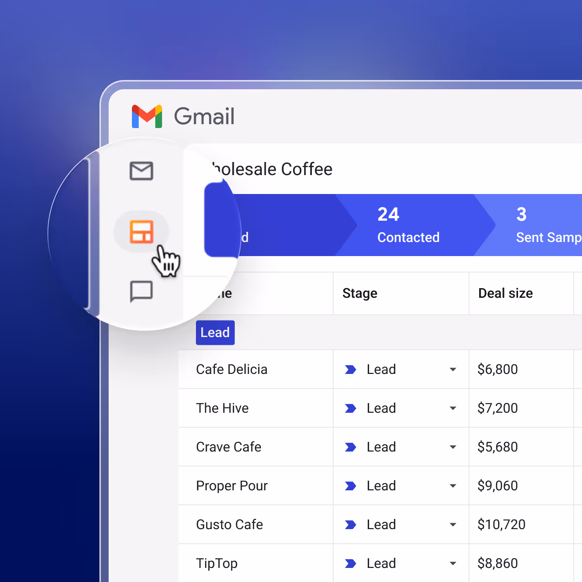 Gmail interface showing a Wholesale Coffee sales pipeline with a highlighted icon for switching views and a table listing leads, stages, and deal sizes.