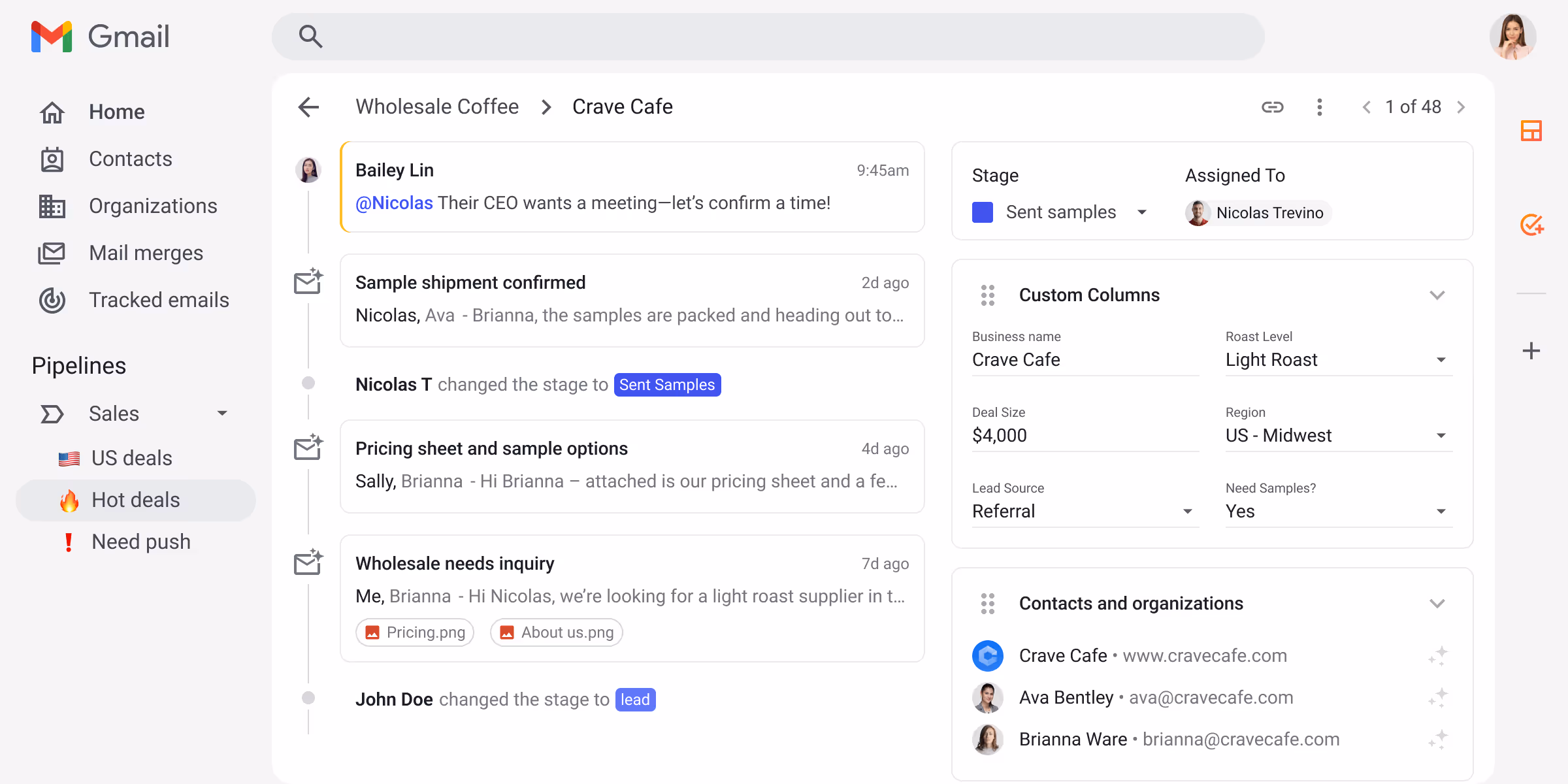 Gmail interface showing a sales pipeline with messages and custom columns for Crave Cafe, including deal size, roast level, region, and contacts.