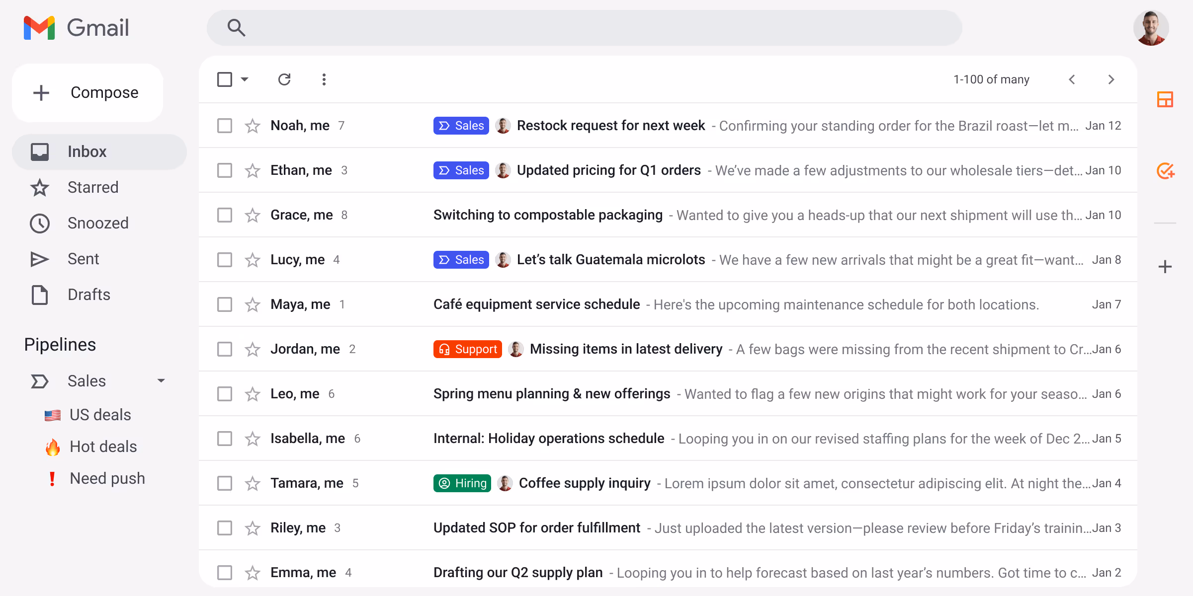 Gmail inbox interface showing a list of emails with sender names, subject lines, labels like Sales, Support, Hiring, and email preview text.