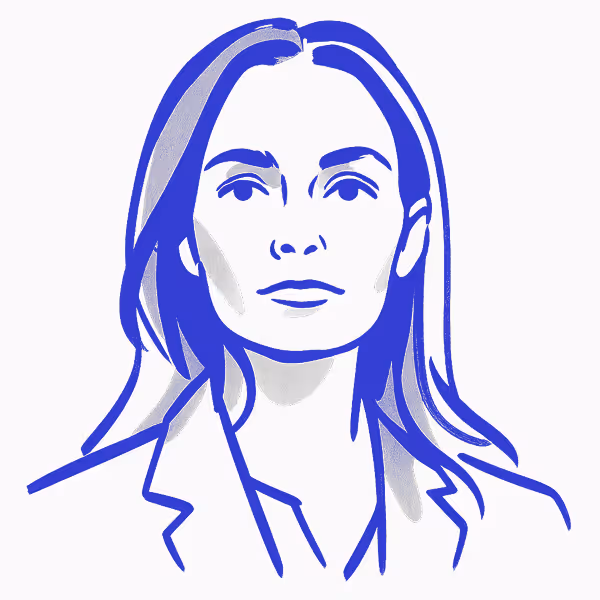 Stylized blue and gray illustration of a woman with long hair wearing a blazer.