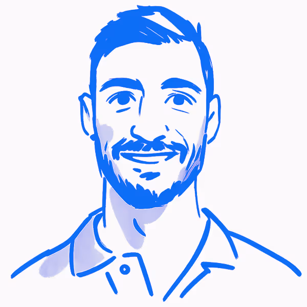 Blue and white digital illustration of a smiling man with short hair and a beard wearing a collared shirt.