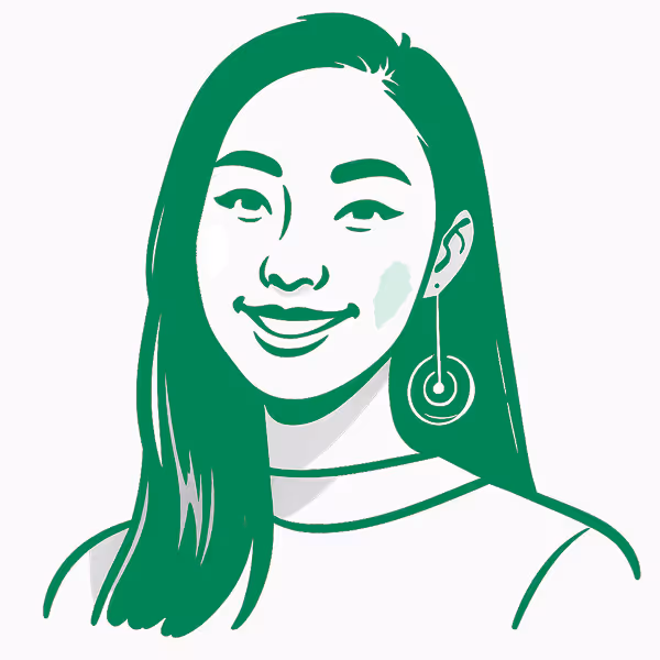 Illustration of a smiling woman with long hair and a round earring.