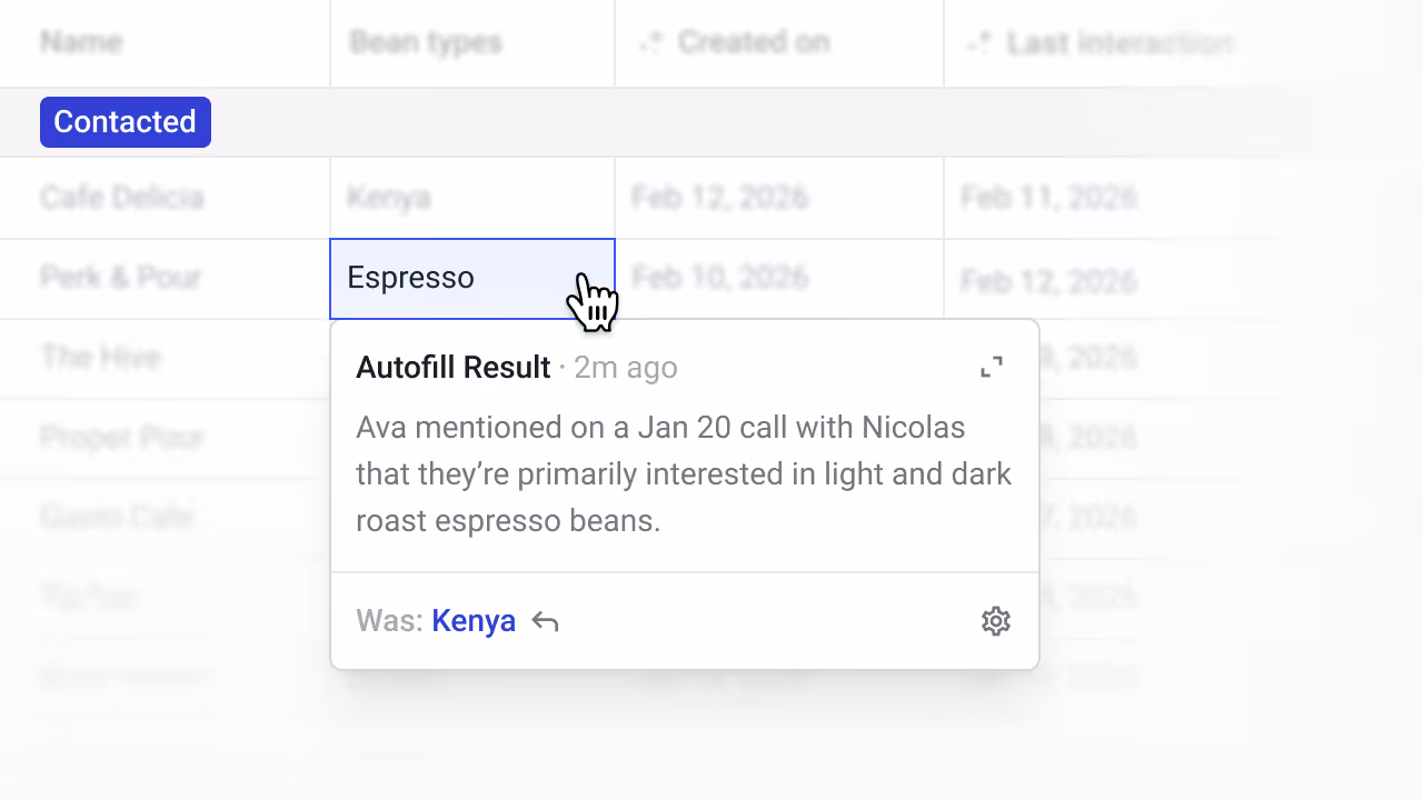 Streak pipeline view with an AI Autofill result panel open on a deal row. The panel shows a suggested field value with a one-sentence explanation of the reasoning, sourced from a call note in the deal history.