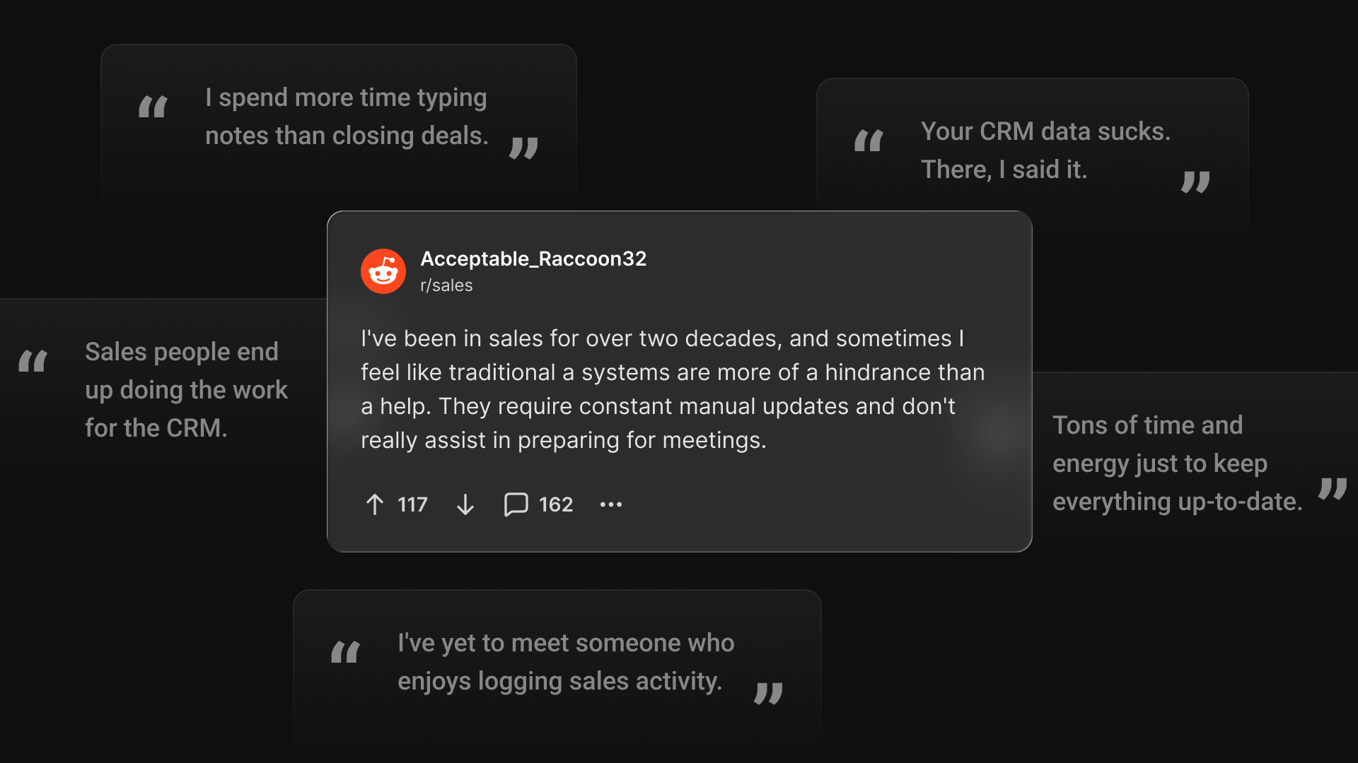 Reddit post criticizing traditional CRMs for manual updates and poor meeting prep, surrounded by quotes highlighting common CRM frustrations.