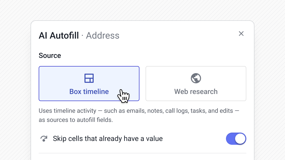 Streak AI Autofill settings selecting "Box timeline" to autofill address from emails, notes, and activity history.