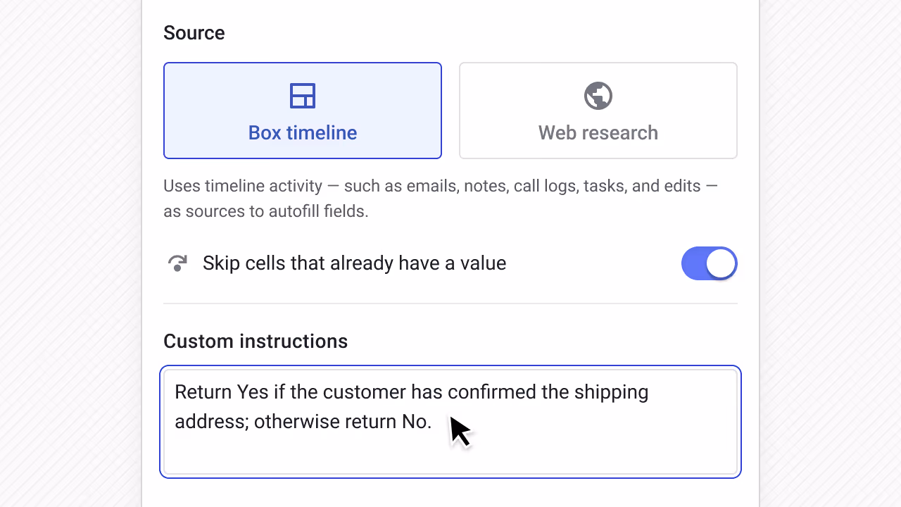 Streak AI Autofill using Box timeline with custom instruction to return Yes or No based on shipping address confirmation.