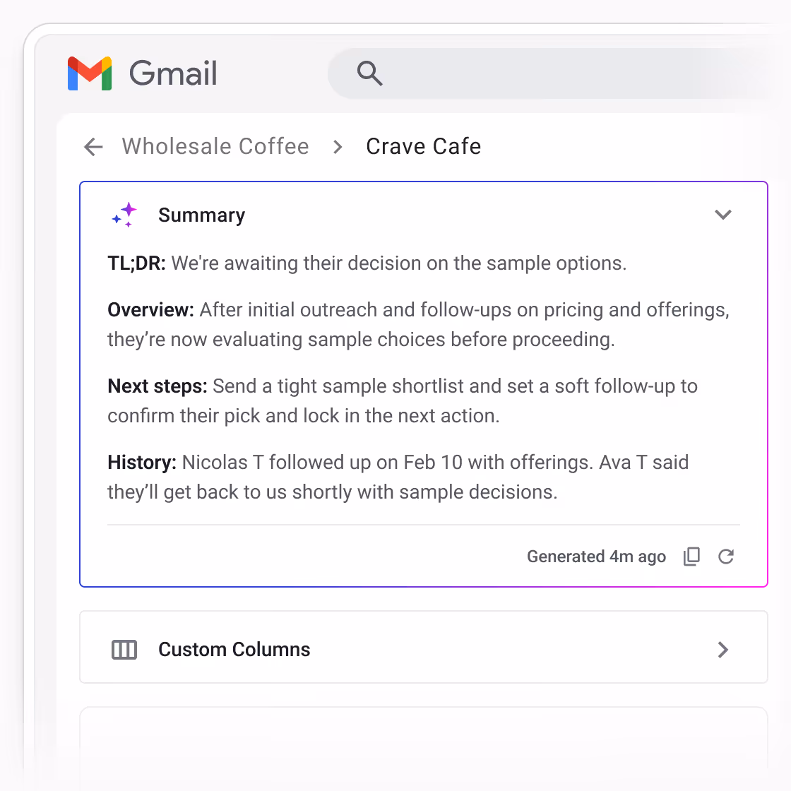 Gmail interface showing a summary for Crave Cafe with sections TL;DR, Overview, Next steps, and History detailing sample option decisions and follow-ups.