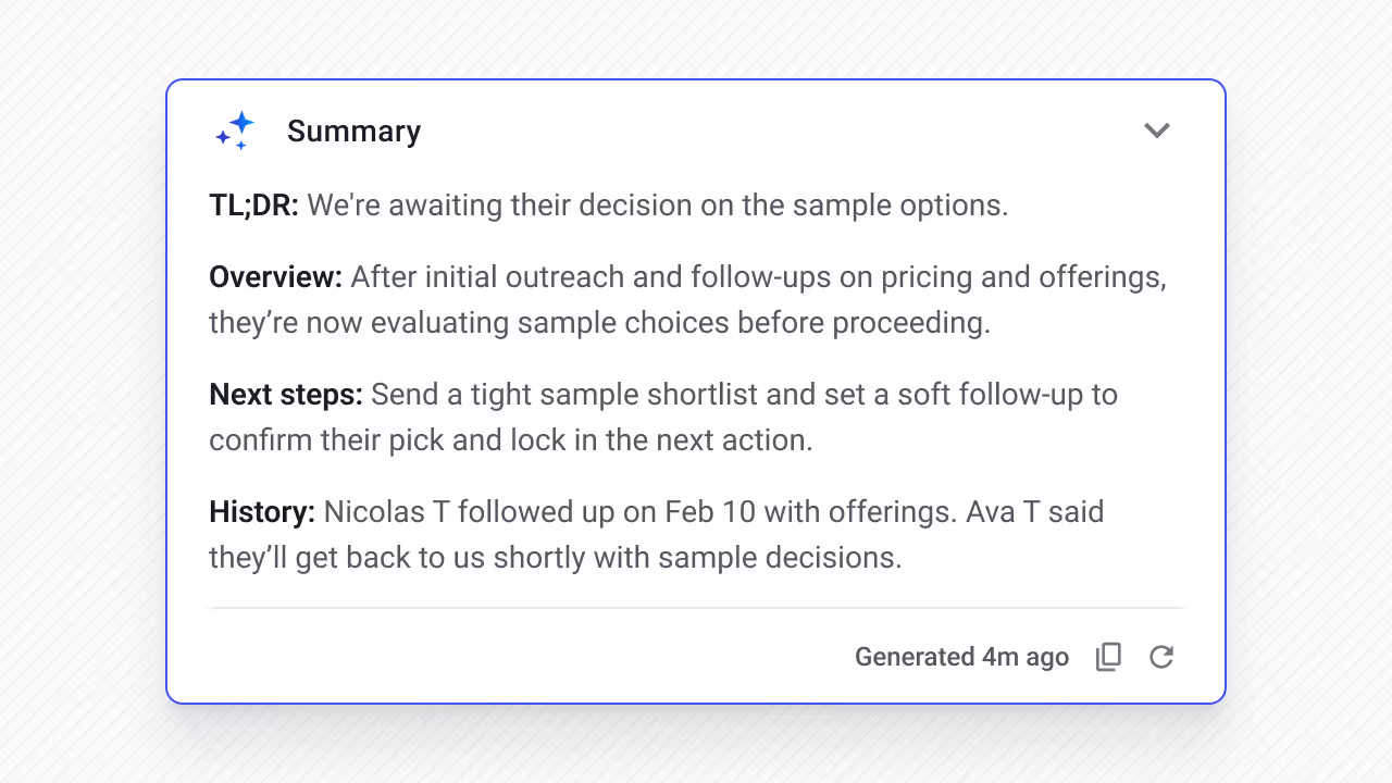 Summary box showing a status update with sections: TL;DR awaiting decision on sample options, overview on evaluating choices after outreach, next steps to send shortlist and confirm pick, and history of follow-up on Feb 10 and expected response.