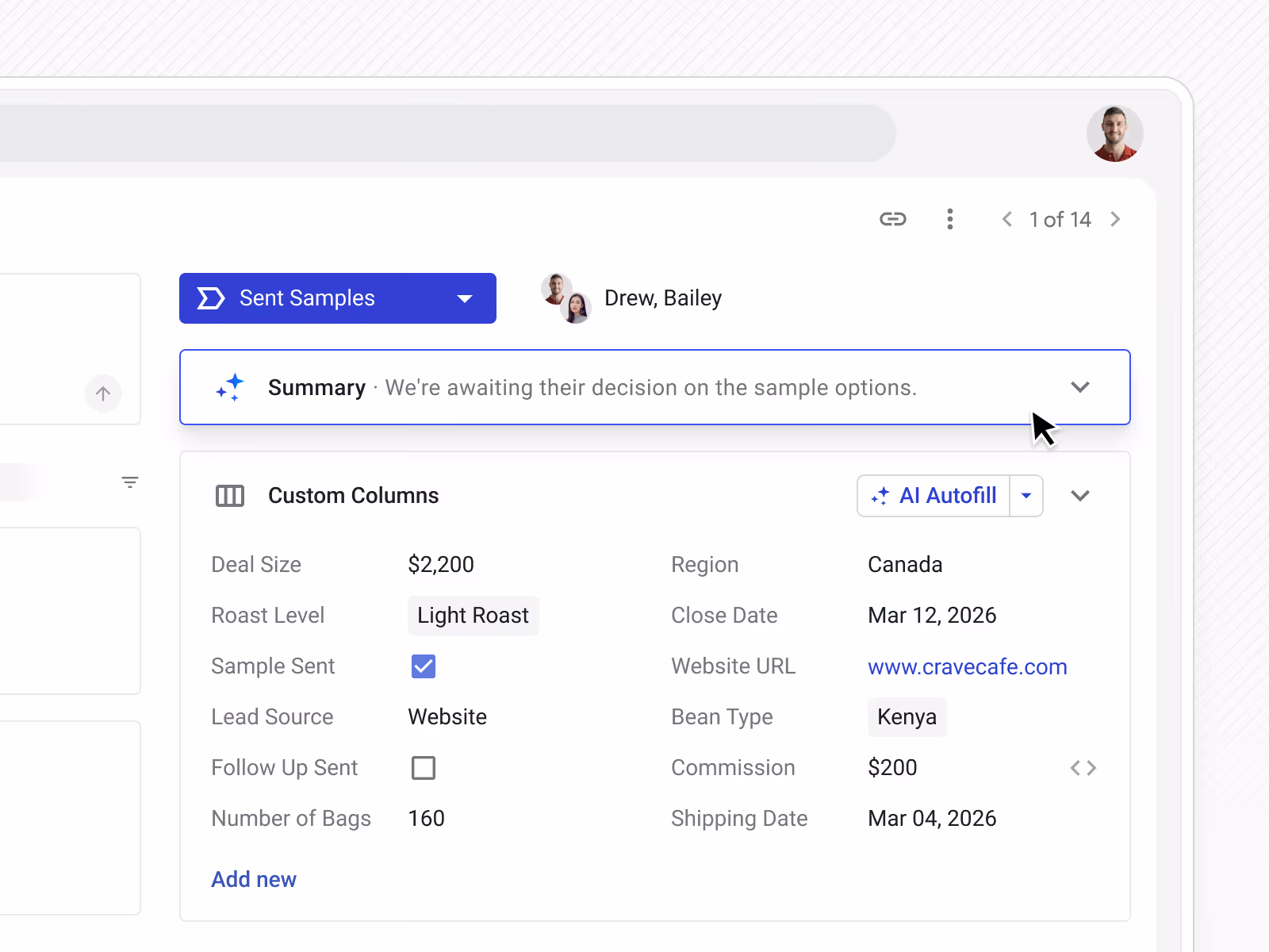 User interface showing a 'Sent Samples' section with details like deal size $2,200, light roast level, sample sent, website cravecafe.com, bean type Kenya, and shipping date March 4, 2026.