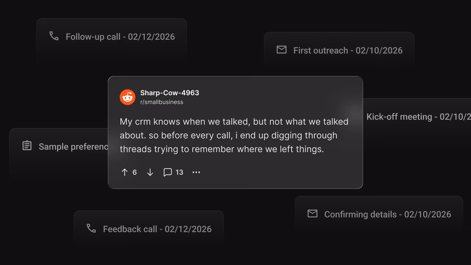 Reddit post from Sharp-Cow-4963 in r/smallbusiness stating CRM tracks when calls happened but not their content, leading to digging through threads before calls. Surrounding labels show task reminders: Follow-up call 02/12/2026, First outreach 02/10/2026, Sample preferences, Kick-off meeting 02/10/2026, Feedback call 02/12/2026, and Confirming details 02/10/2026.
