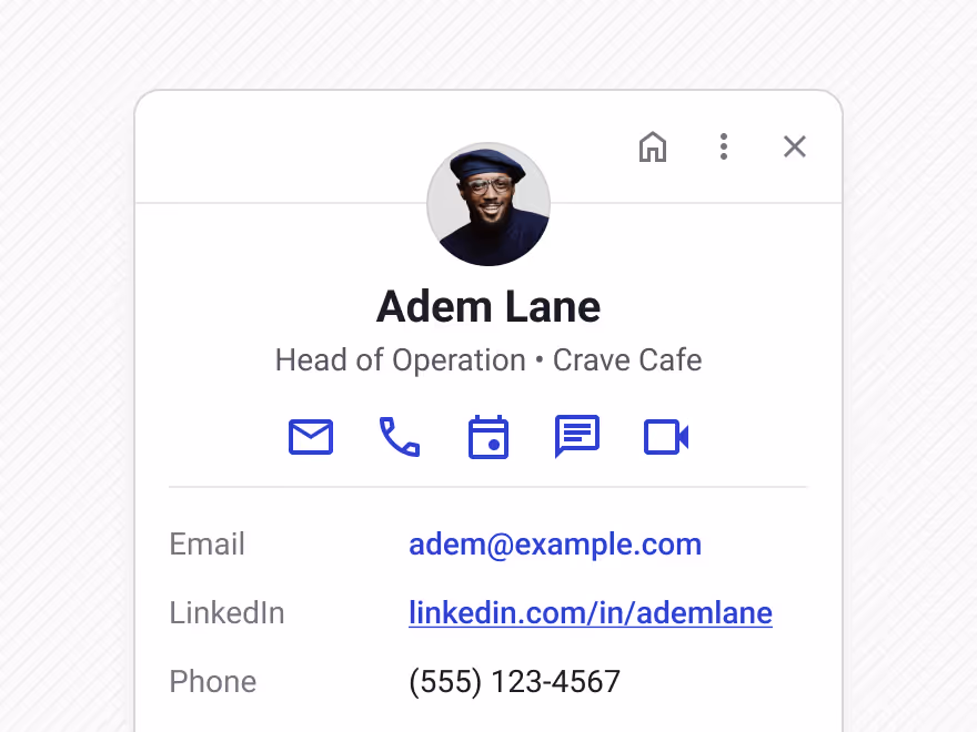 Contact card for Adem Lane, Head of Operation at Crave Cafe, showing email, LinkedIn profile, and phone number.