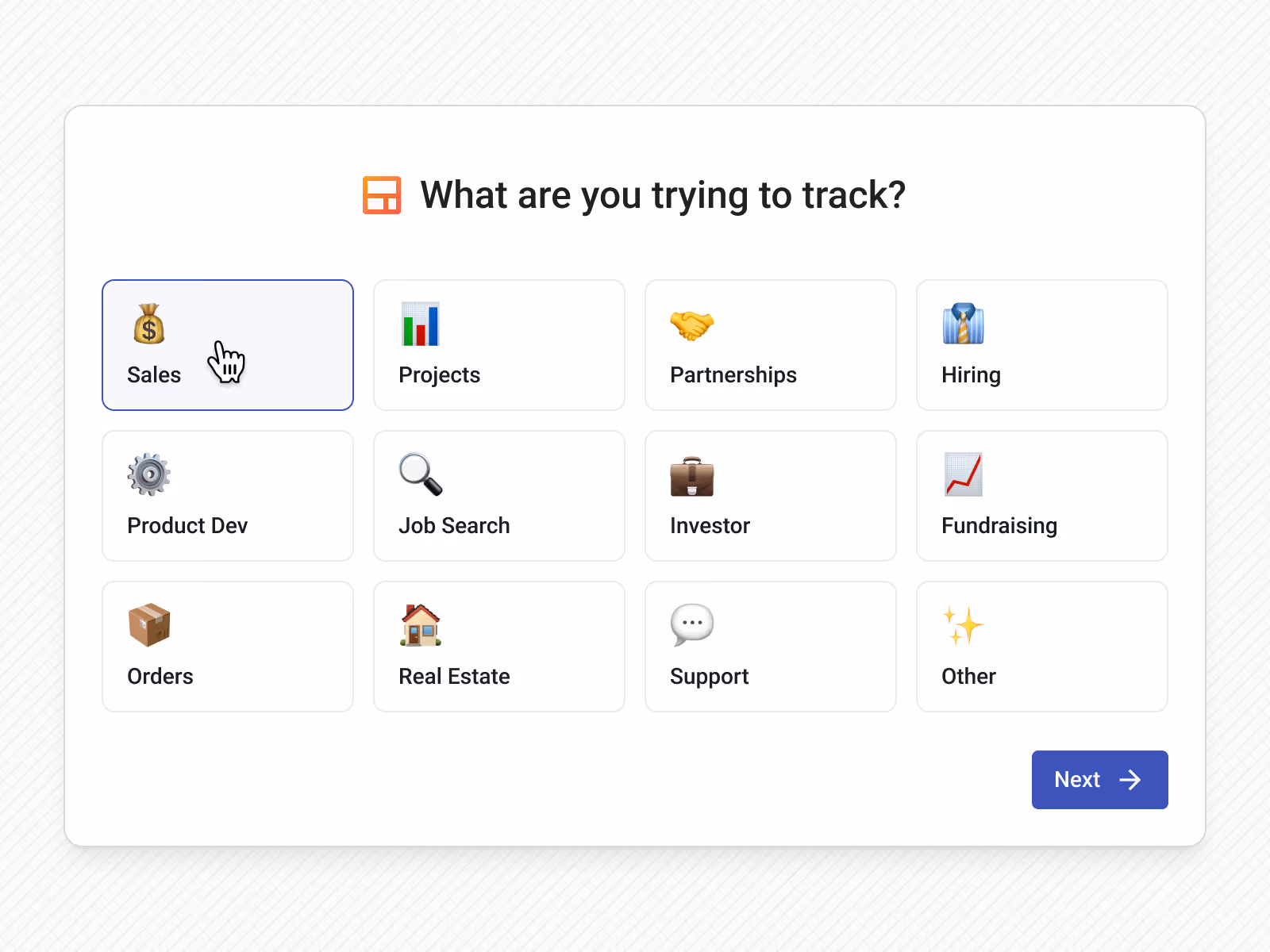 User interface showing options to track categories like Sales, Projects, Partnerships, Hiring, Product Dev, Job Search, Investor, Fundraising, Orders, Real Estate, Support, or Other, with Sales selected and a Next button.