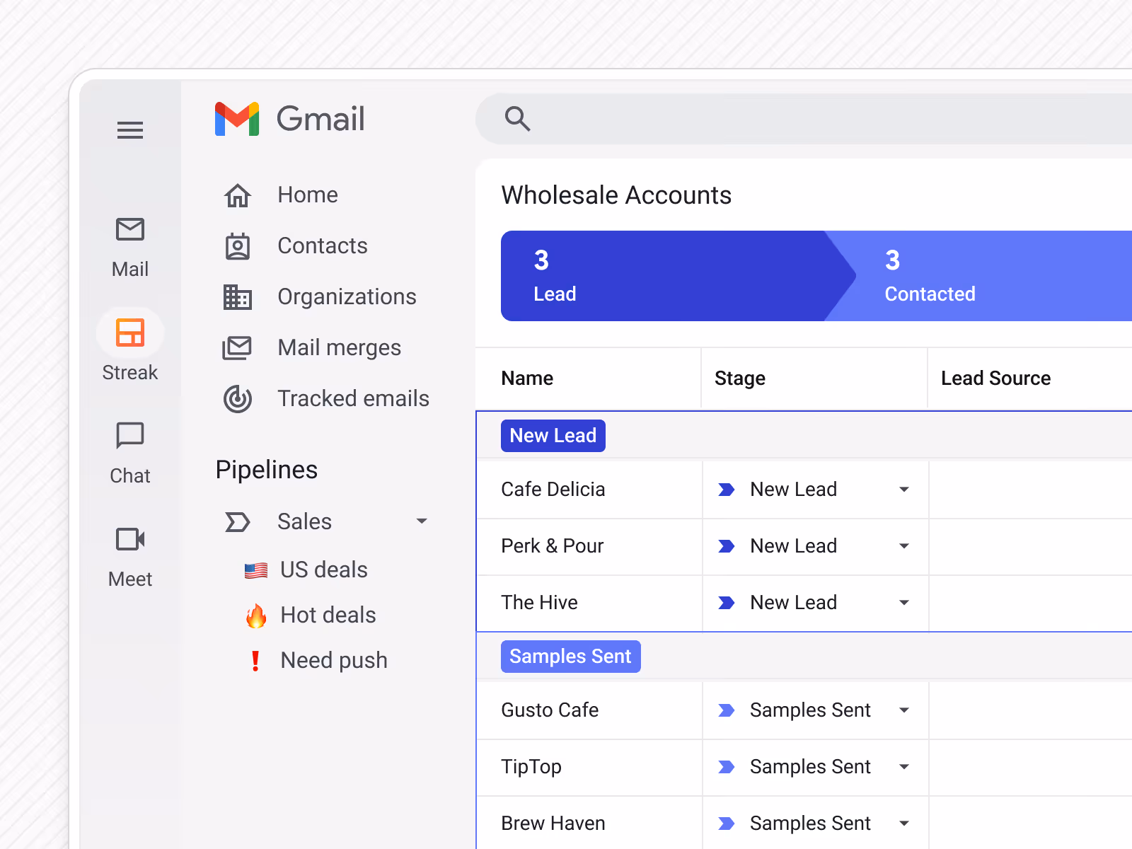 Gmail interface showing a Streak CRM sidebar with pipelines and a Wholesale Accounts table listing names and their current sales stages.