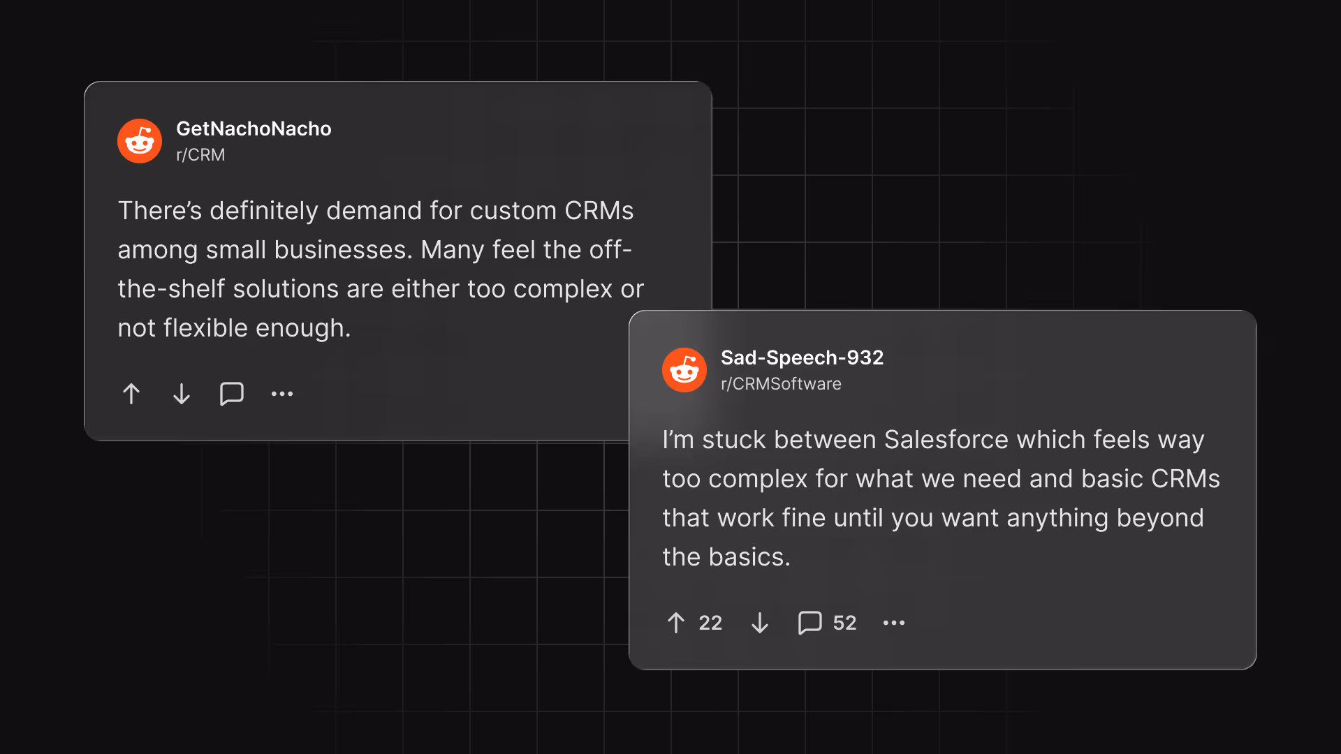 Two Reddit comments discussing CRM challenges: one highlights demand for custom CRMs among small businesses due to complexity and inflexibility of off-the-shelf options, the other expresses being stuck between overly complex Salesforce and basic CRMs lacking advanced features.