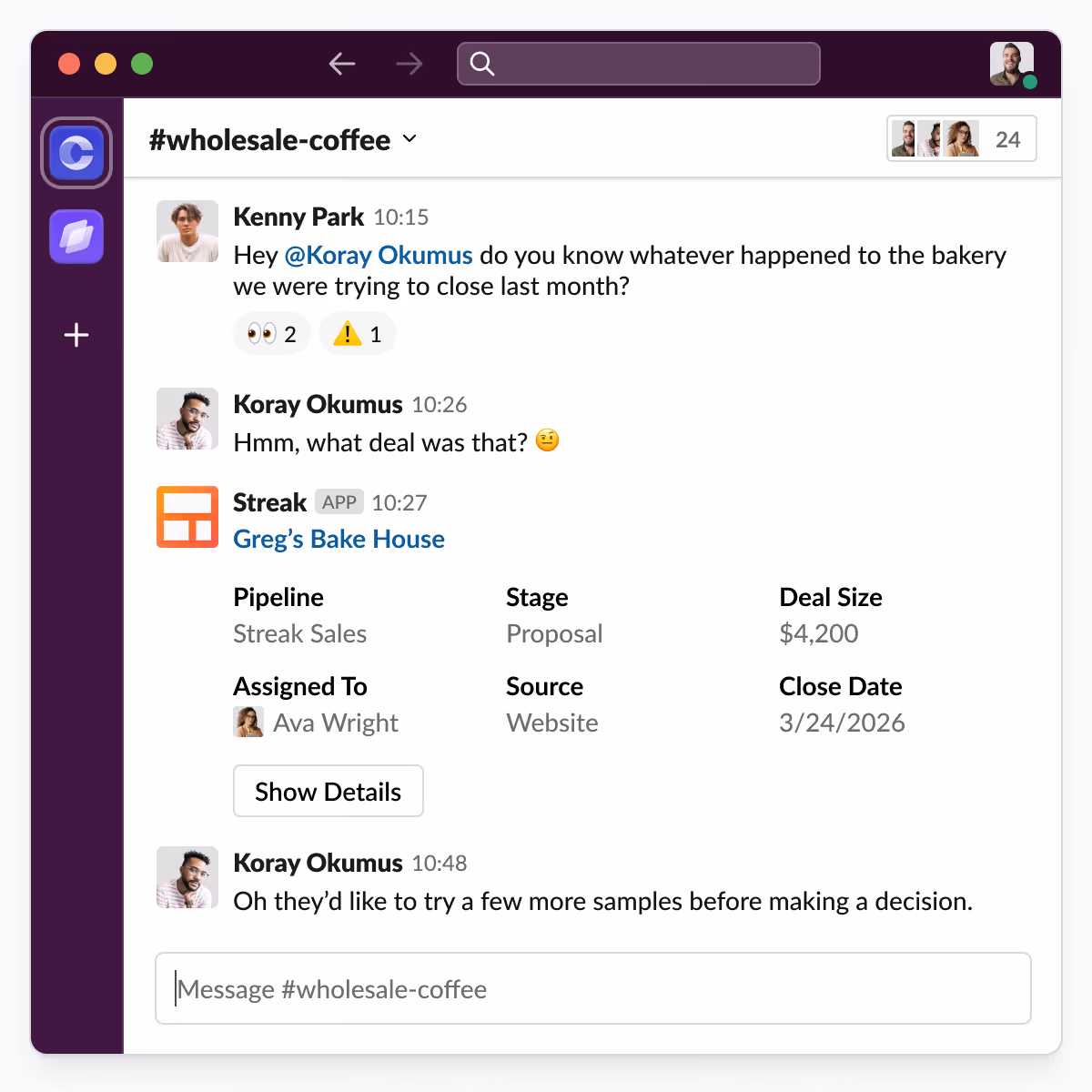 Slack chat in #wholesale-coffee channel with messages between Kenny Park and Koray Okumus discussing a bakery deal with details from Streak app for Greg's Bake House sales pipeline.