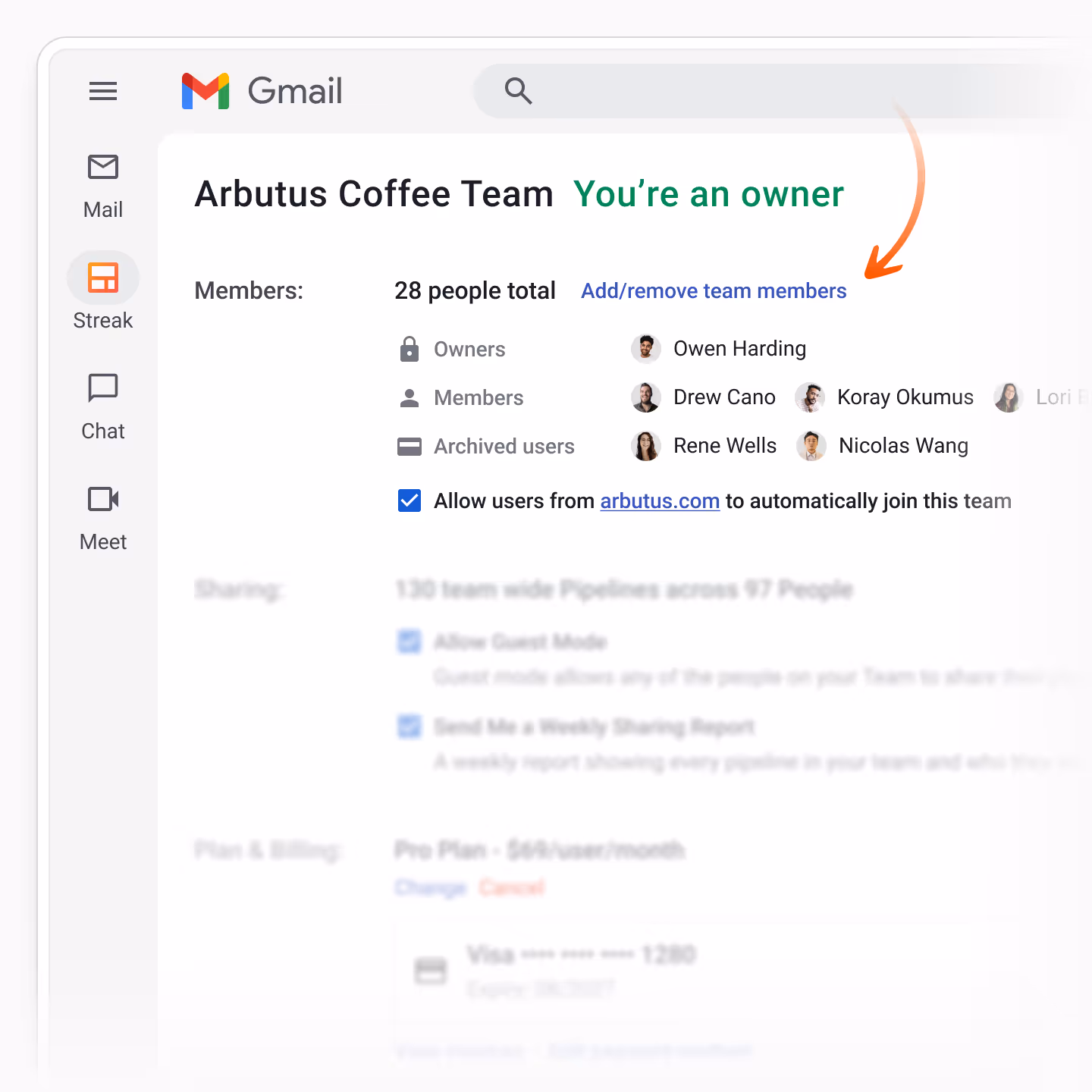 Gmail interface showing Arbutus Coffee Team members list with ownership status and option to add or remove team members.