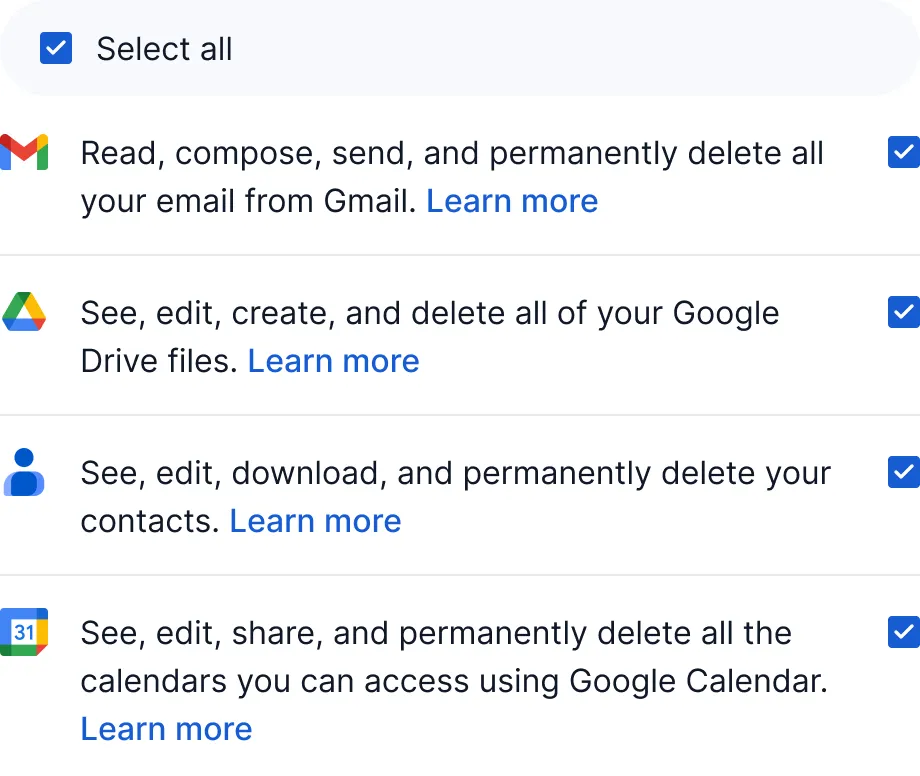 Permissions list with checkboxes selected for Gmail, Google Drive, Contacts, and Google Calendar, including options to read, edit, delete, and share data.