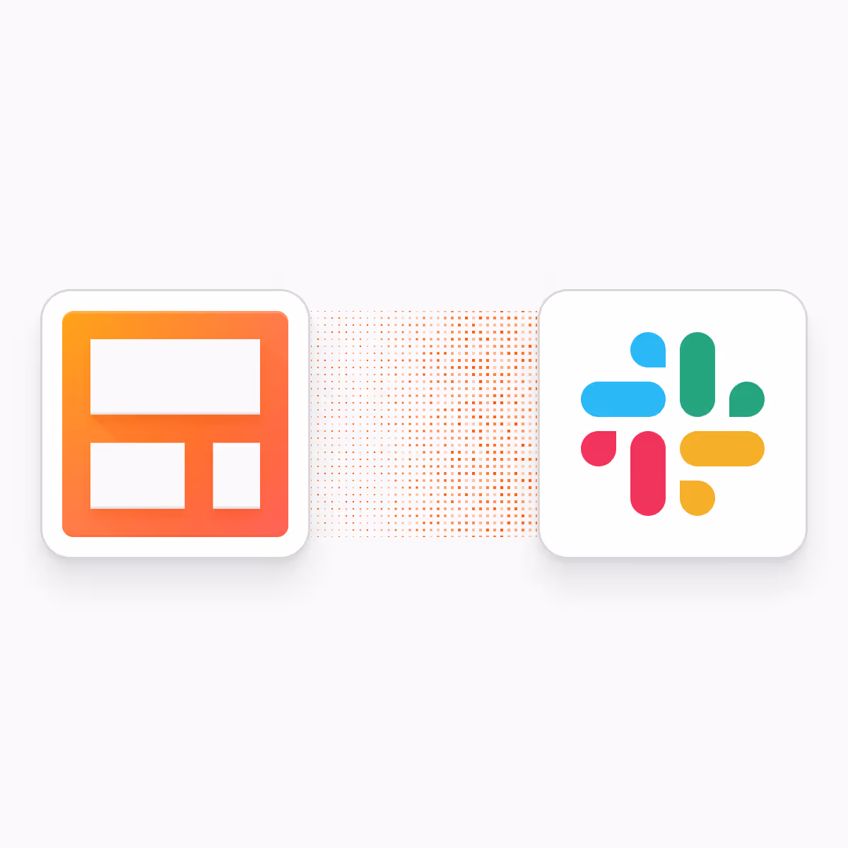 Orange app icon with a grid layout next to the colorful Slack logo connected by a dotted line.