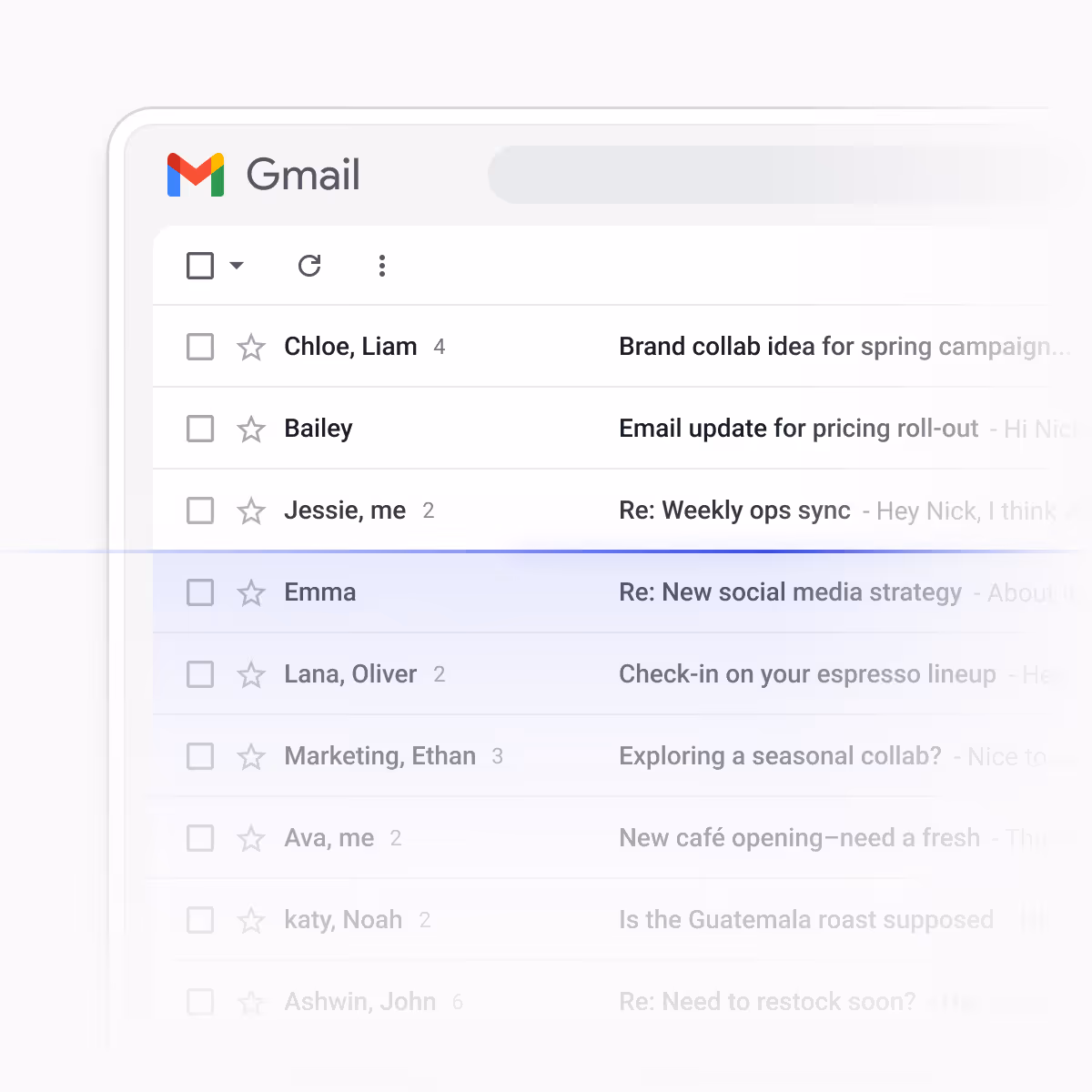 Gmail inbox screen showing emails from Chloe, Liam; Bailey; Jessie, me; Emma; Lana, Oliver; Marketing, Ethan; Ava, me; katy, Noah; and Ashwin, John.