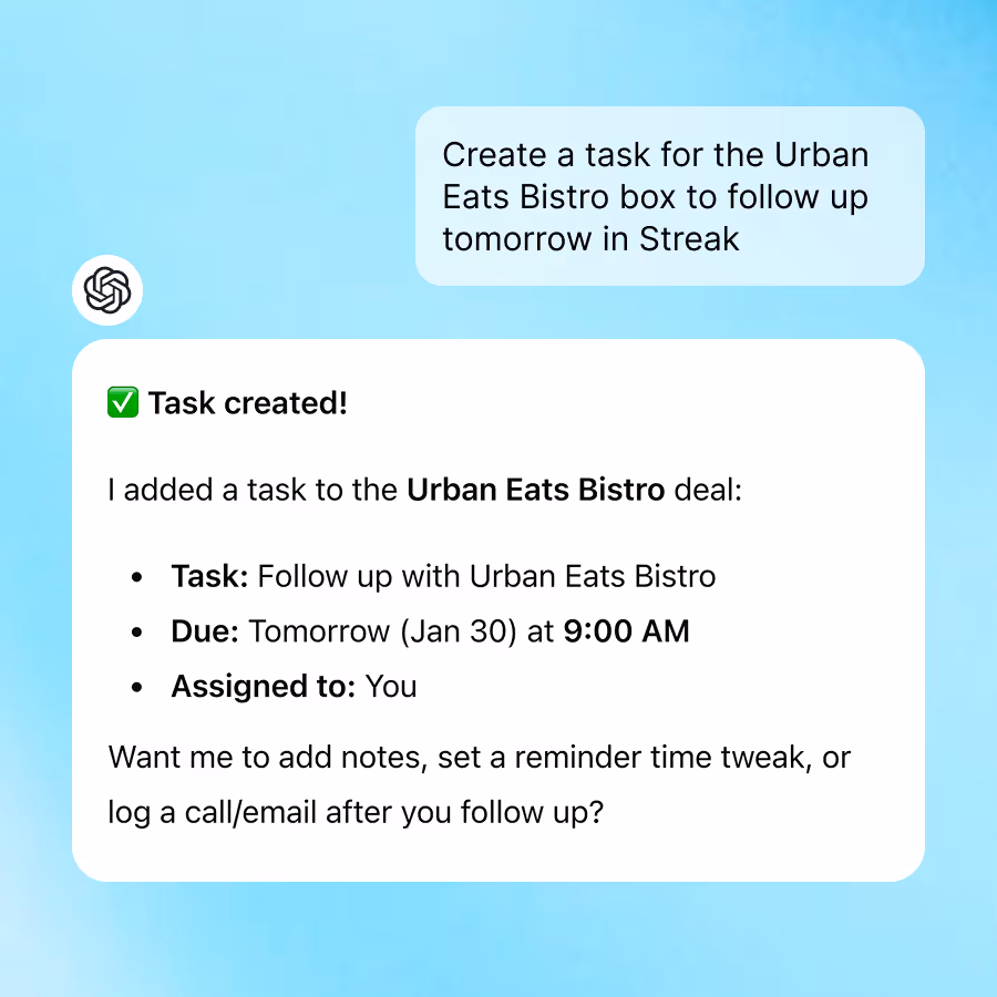 Chat interface confirming a task creation for Urban Eats Bistro to follow up tomorrow at 9:00 AM, assigned to you, with options to add notes or reminders.
