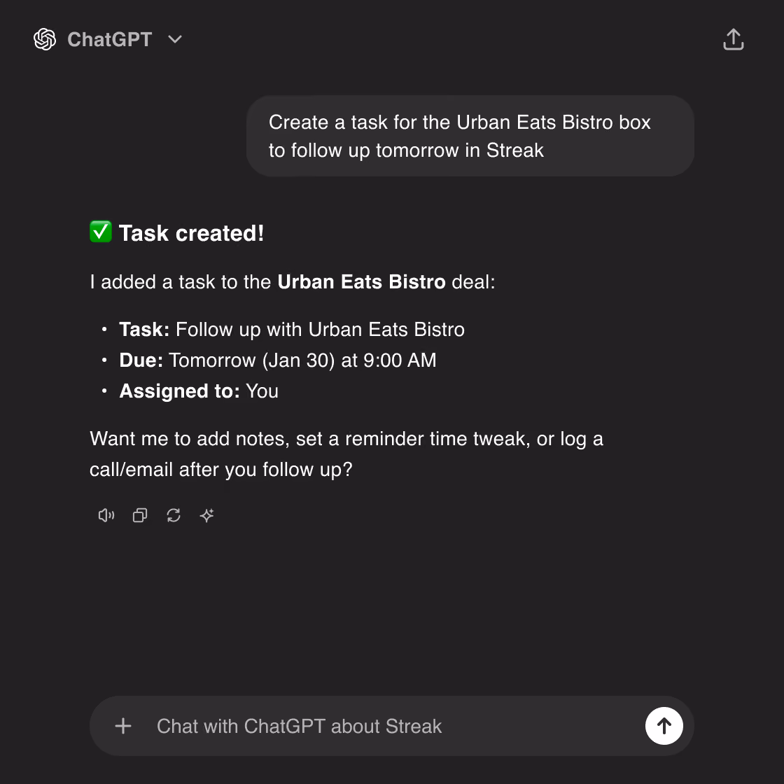 Chat interface confirming a task creation for Urban Eats Bistro to follow up tomorrow at 9:00 AM, assigned to you, with options to add notes or reminders.