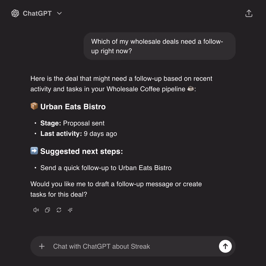 Chat showing a user asking which wholesale deals need a follow-up, with a response listing 'Urban Eats Bistro' at proposal sent stage, last activity 9 days ago, and suggesting a quick follow-up or drafting a message.