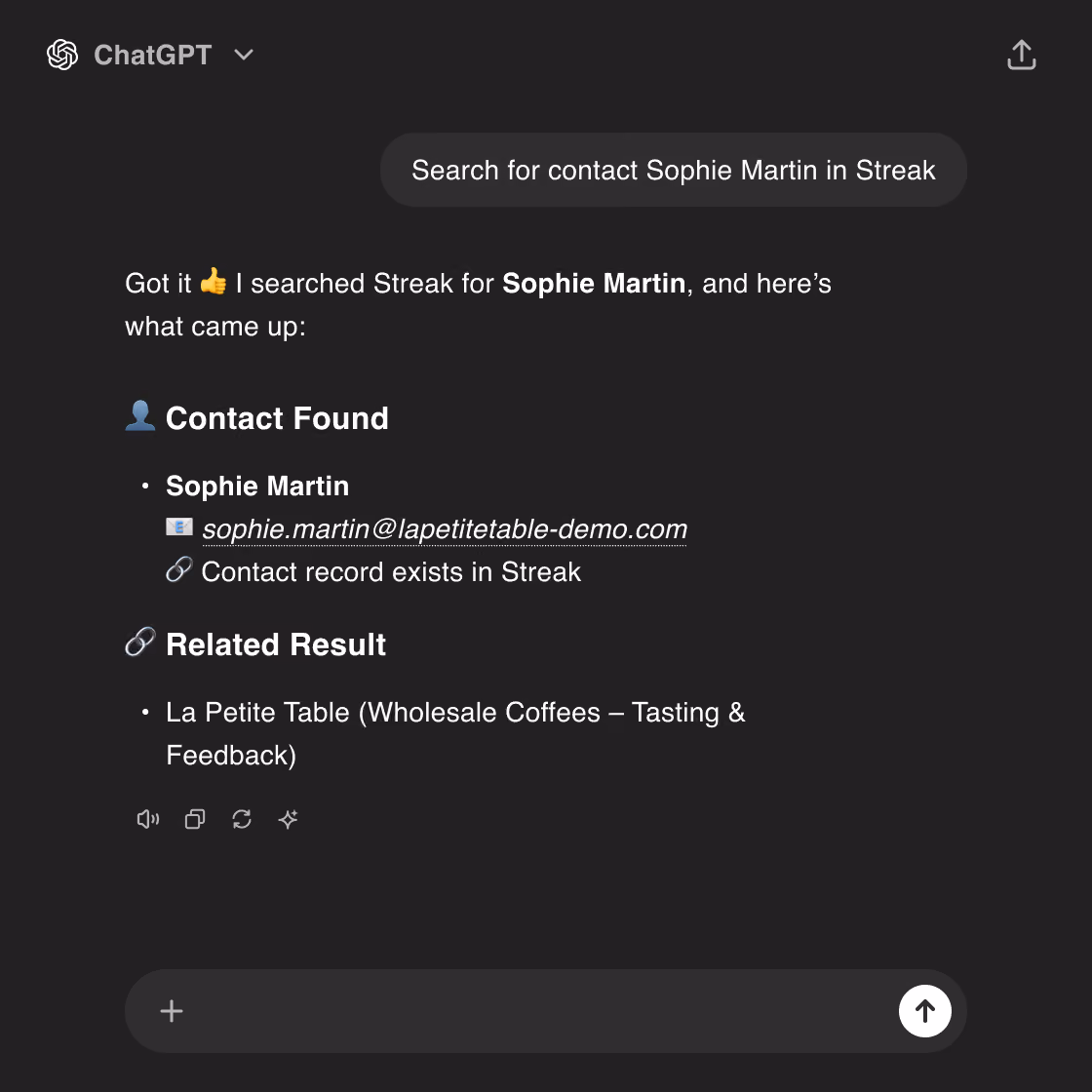 Chat interface showing a search for contact Sophie Martin in Streak with response confirming contact found including email sophie.martin@lapetitetable-demo.com and related result La Petite Table Wholesale Coffees.