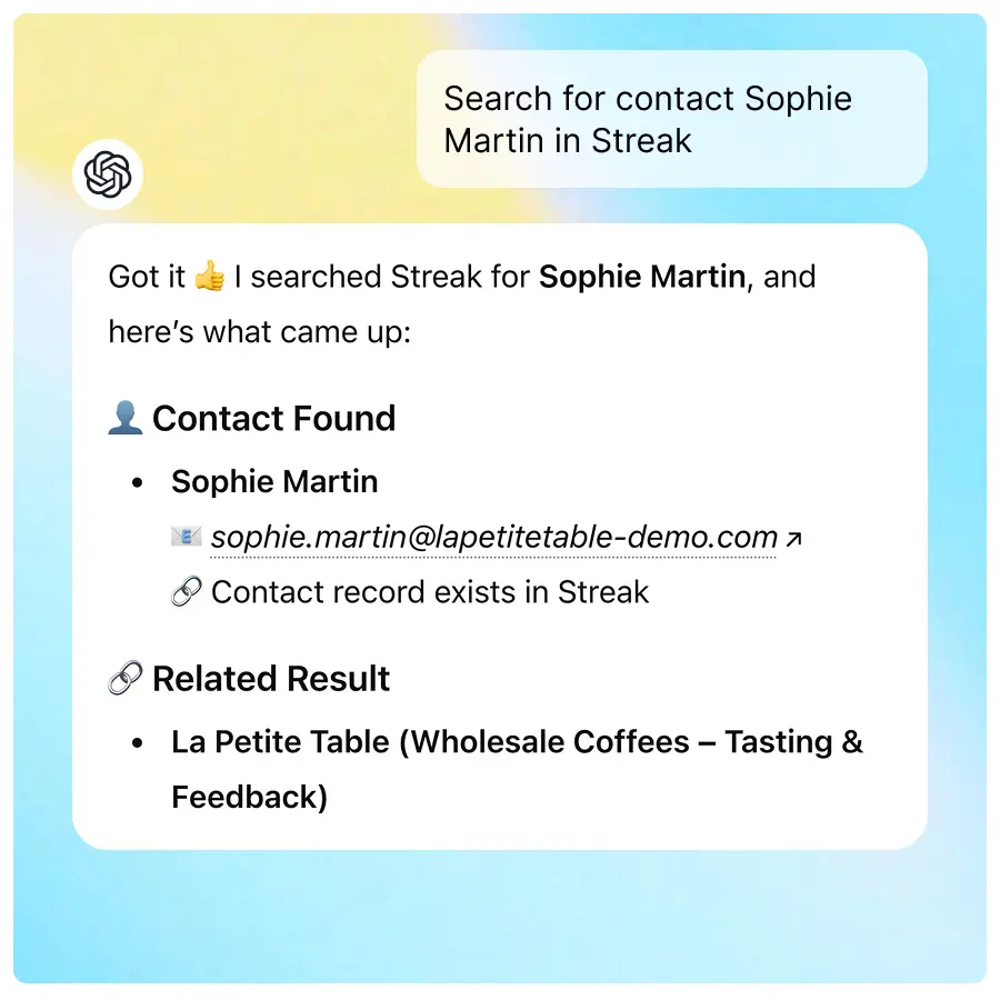 Chat interface showing a search for contact Sophie Martin in Streak with response confirming contact found including email sophie.martin@lapetitetable-demo.com and related result La Petite Table Wholesale Coffees.