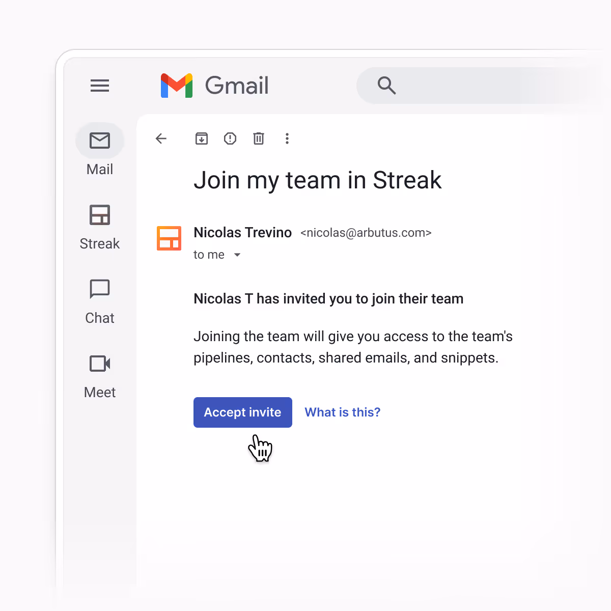 Gmail inbox showing a Streak team invitation email with an Accept invite button