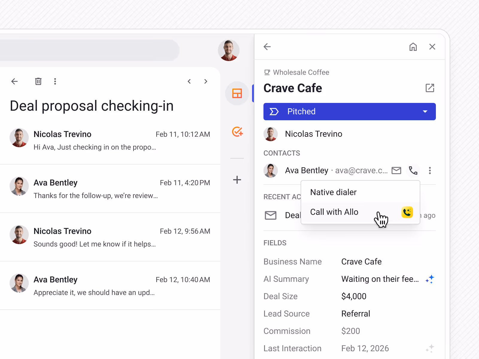 Gmail thread with Streak CRM deal box “Crave Cafe” in Pitched stage, showing contact Ava Bentley and click-to-call (Allo) option.