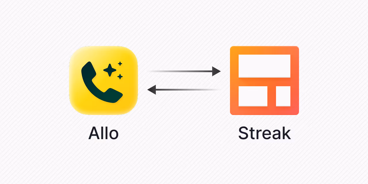Icons of the Allo app with a black phone handset on a yellow background and the Streak app with orange grid blocks connected by two double-headed arrows between them.