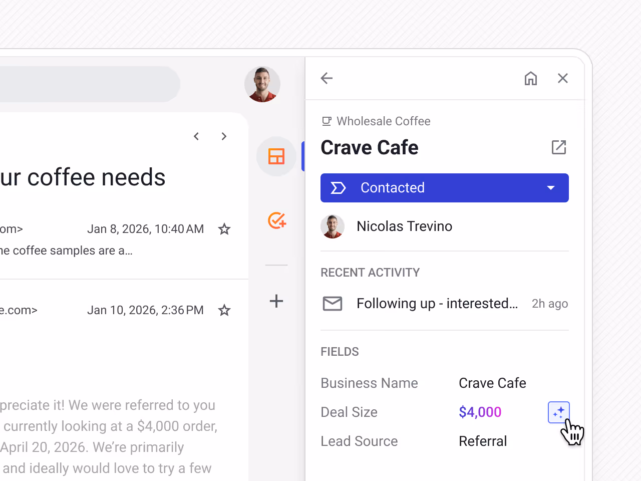 Streak CRM sidebar open inside Gmail while viewing an email thread from Crave Cafe. The sidebar shows the deal stage set to Contacted, the assigned contact Nicolas Trevino, recent activity, and CRM fields including Business Name, Deal Size, and Lead Source. The AI Autofill button is highlighted next to the Deal Size field.