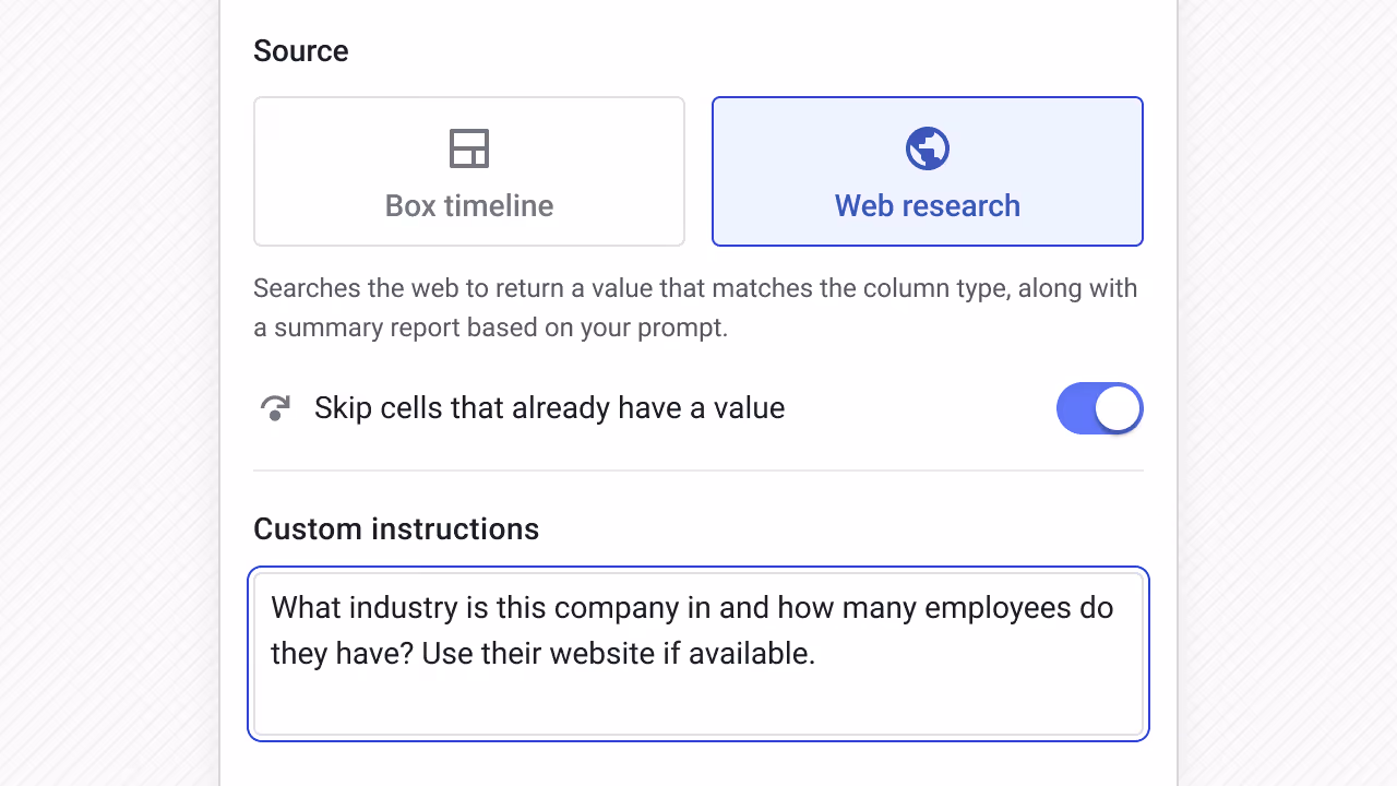 Streak AI Autofill settings panel with Web research selected as the data source. A custom instruction reads: "What industry is this company in and how many employees do they have? Use their website if available."