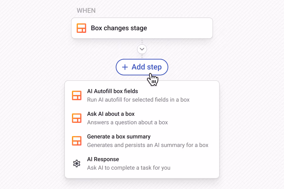 Streak automation flow builder showing a "Box changes stage" trigger with an "Add step" menu open. The menu lists four AI action steps: AI Autofill box fields, Ask AI about a box, Generate a box summary, and AI Response.