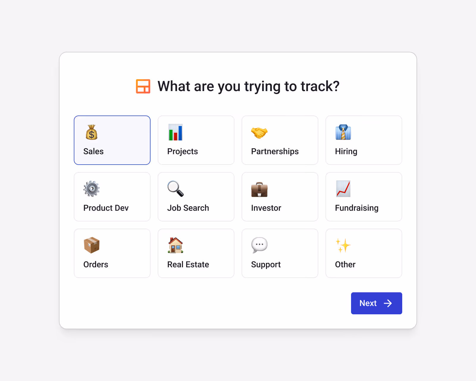 User interface prompt asking 'What are you trying to track?' with selectable options including Sales, Projects, Partnerships, Hiring, Product Dev, Job Search, Investor, Fundraising, Orders, Real Estate, Support, and Other.