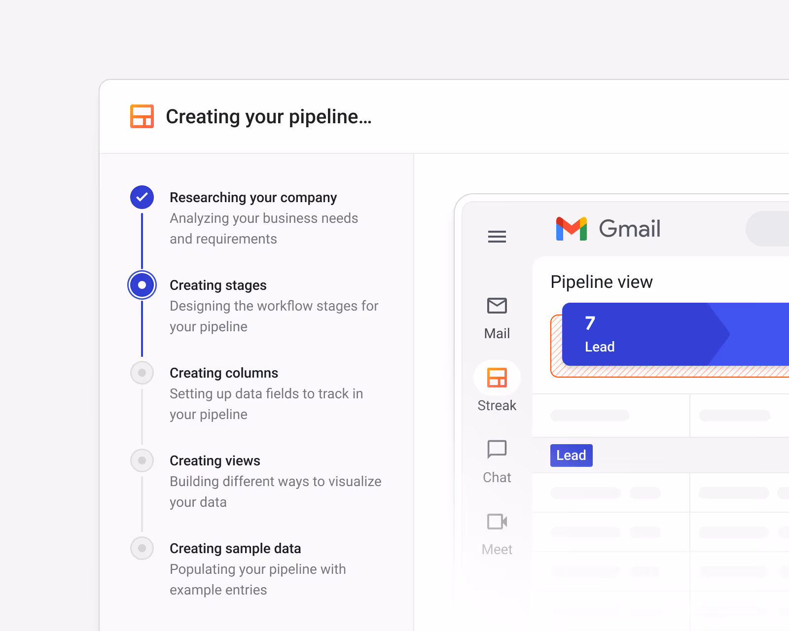 Pipeline creation interface showing steps with 'Researching your company' completed and 'Creating stages' in progress.