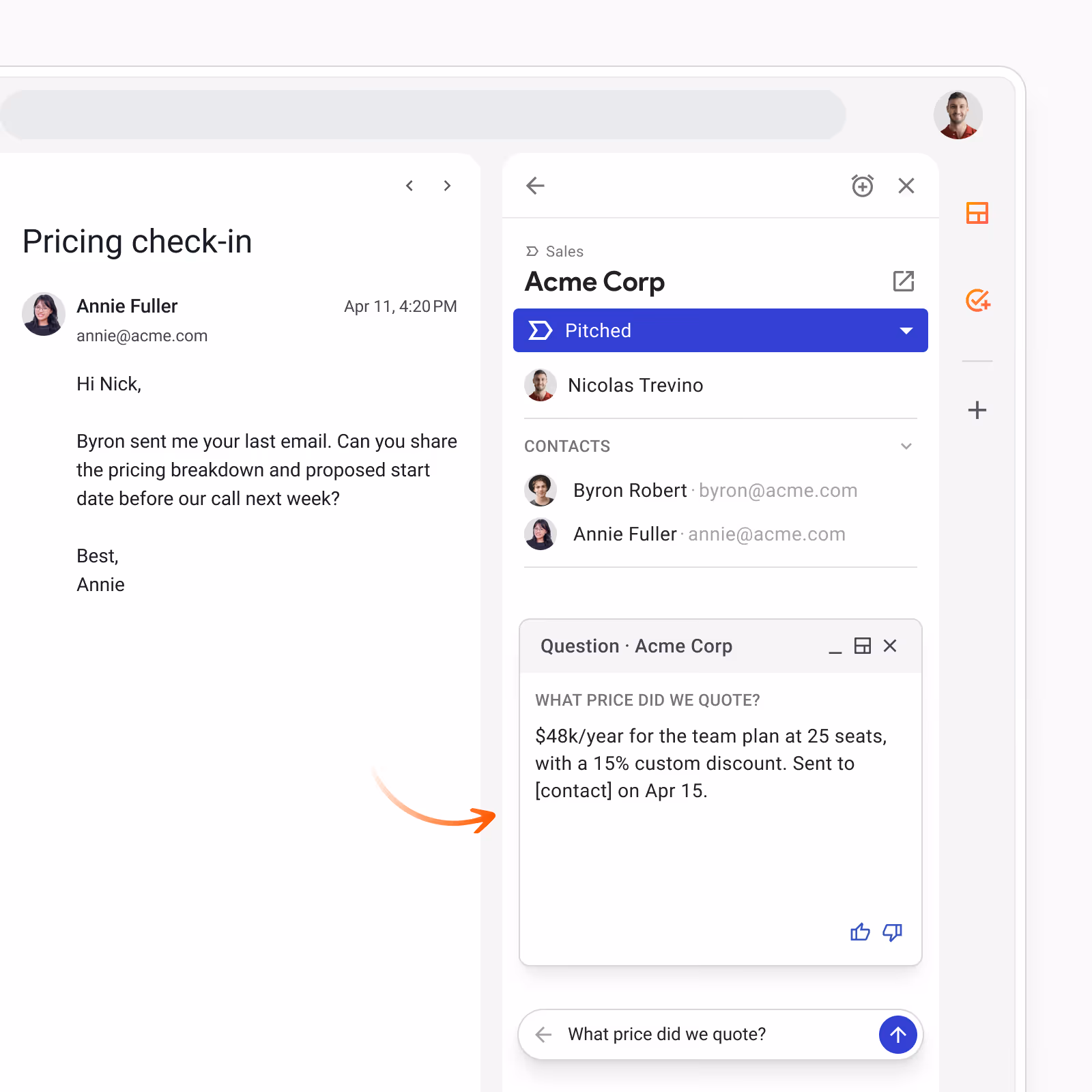 Email thread showing a text box to ask Streak AI deal-related questions.