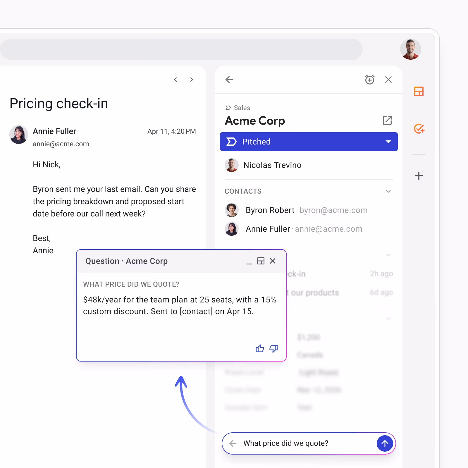 Email thread showing a text box to ask Streak AI deal-related questions.