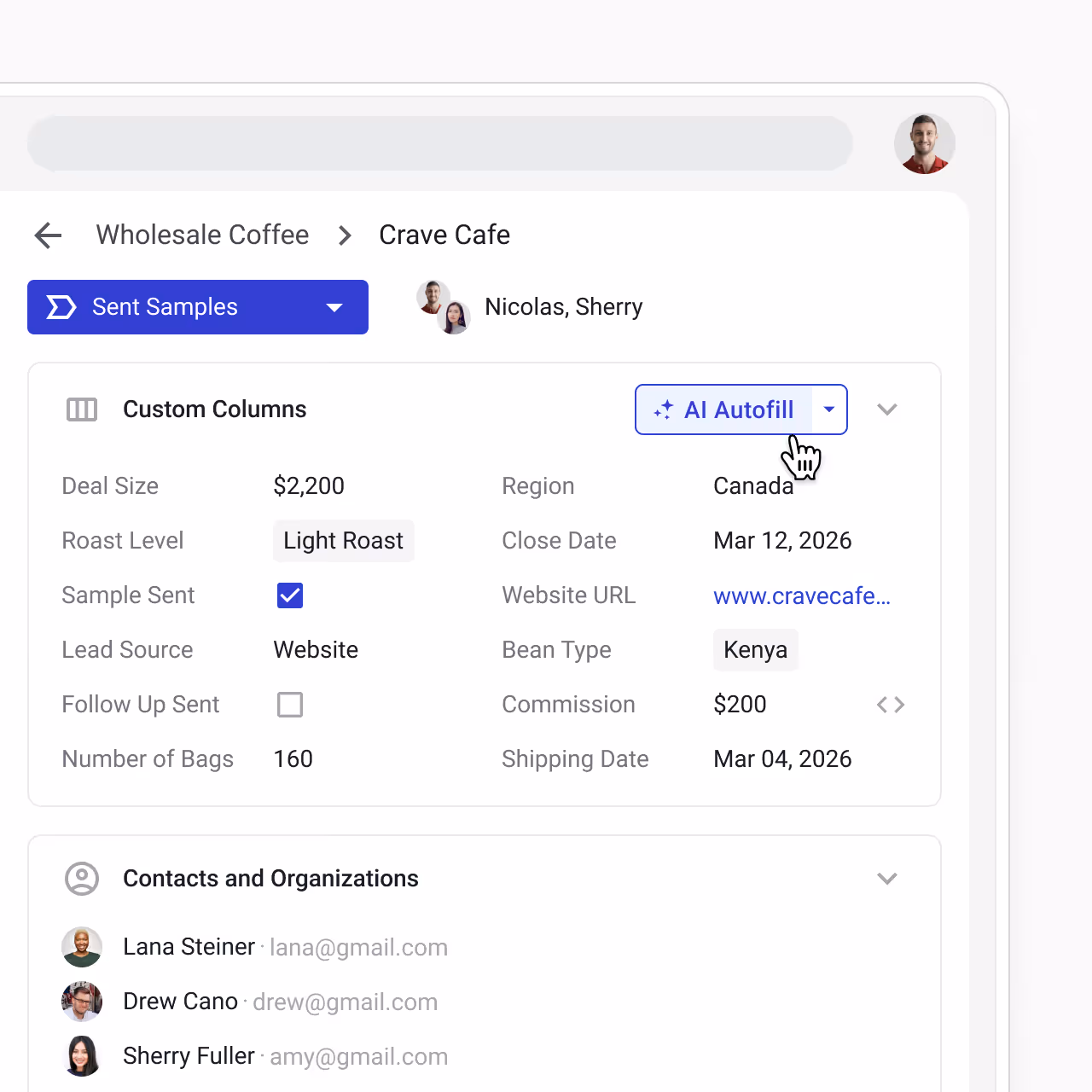 Streak box view showing CRM fields being filled with AI autofill.