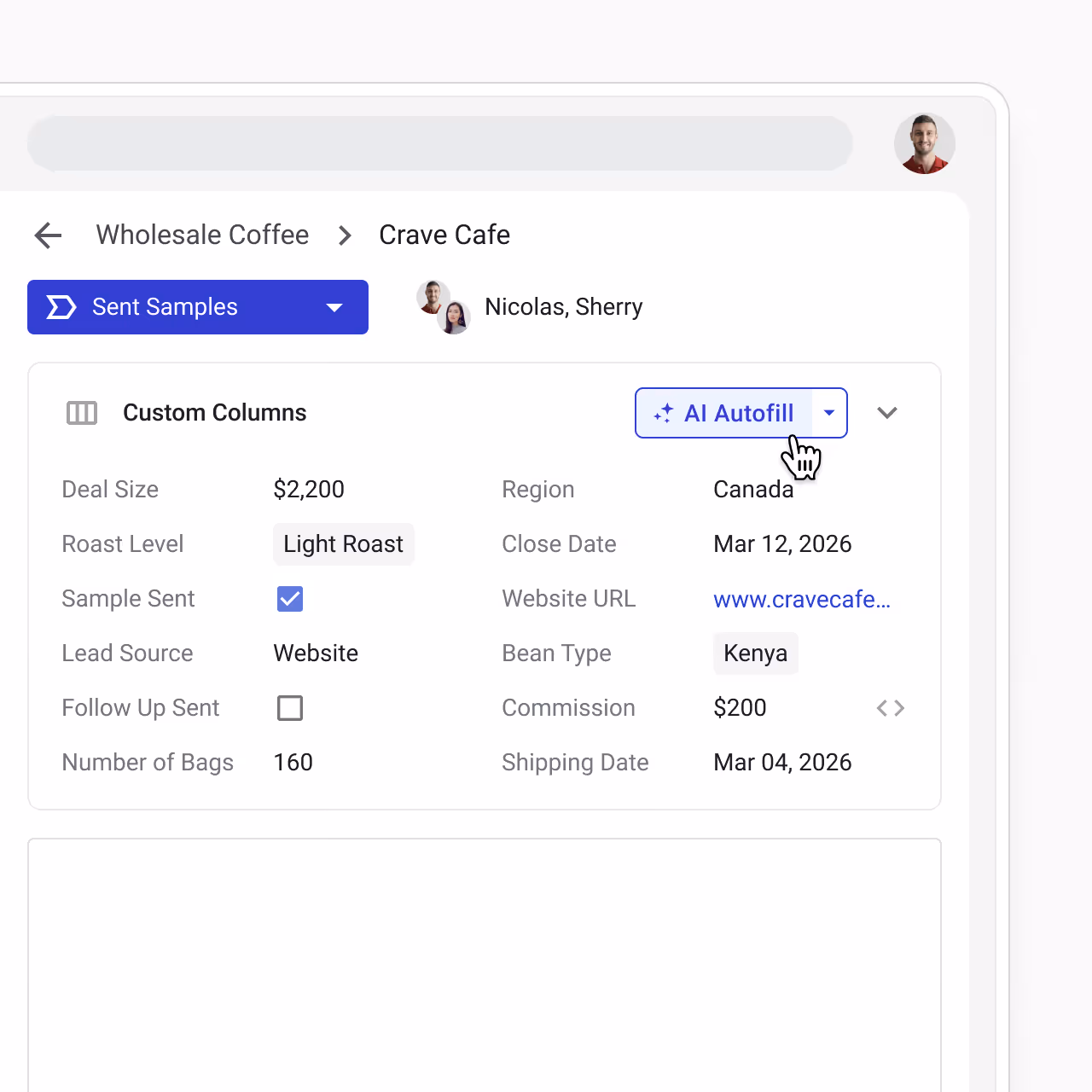 Streak box view showing CRM fields being filled with AI autofill.