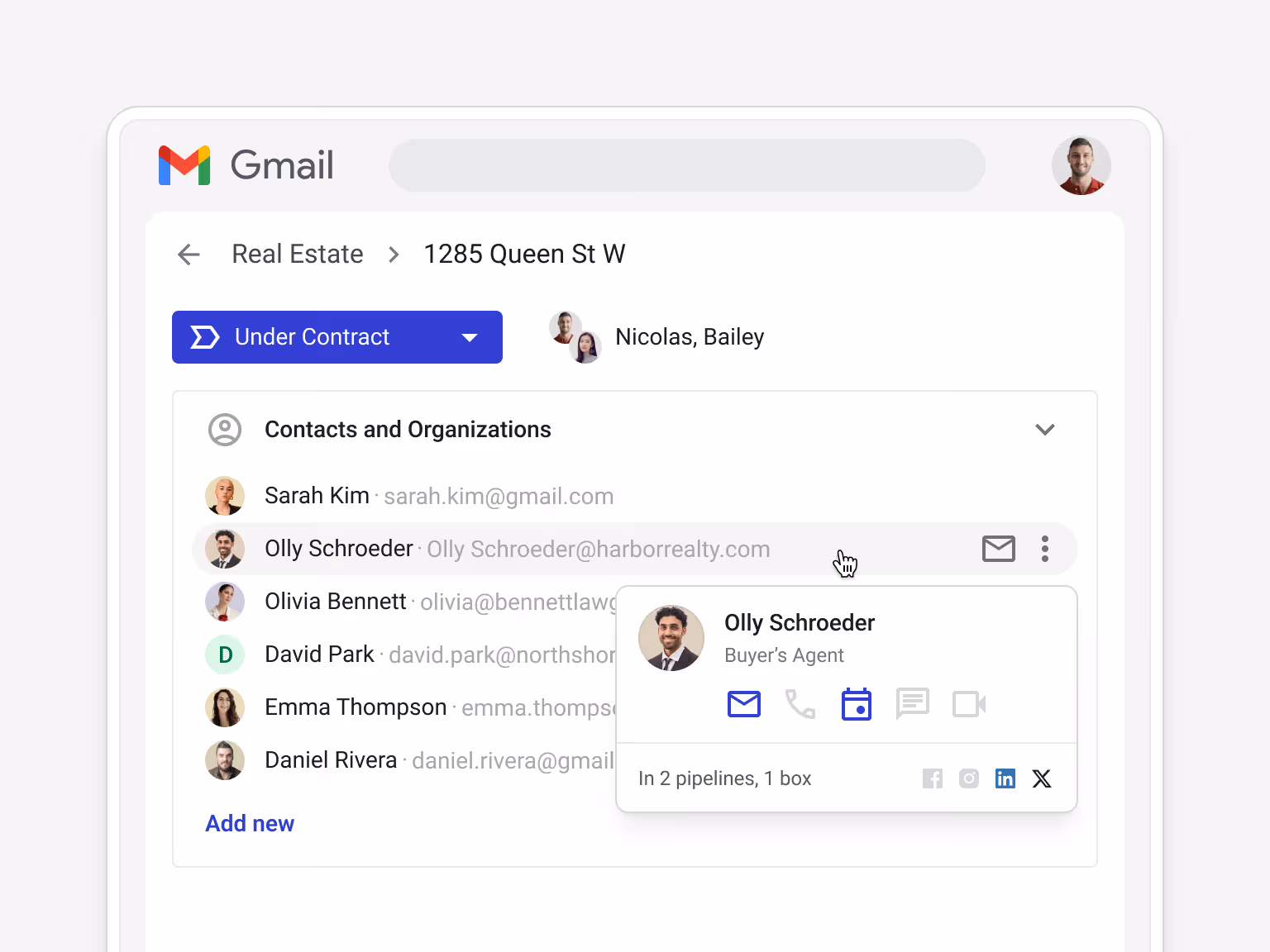 Contacts and organizations section showing buyers, agents, attorneys, and quick action shortcuts.