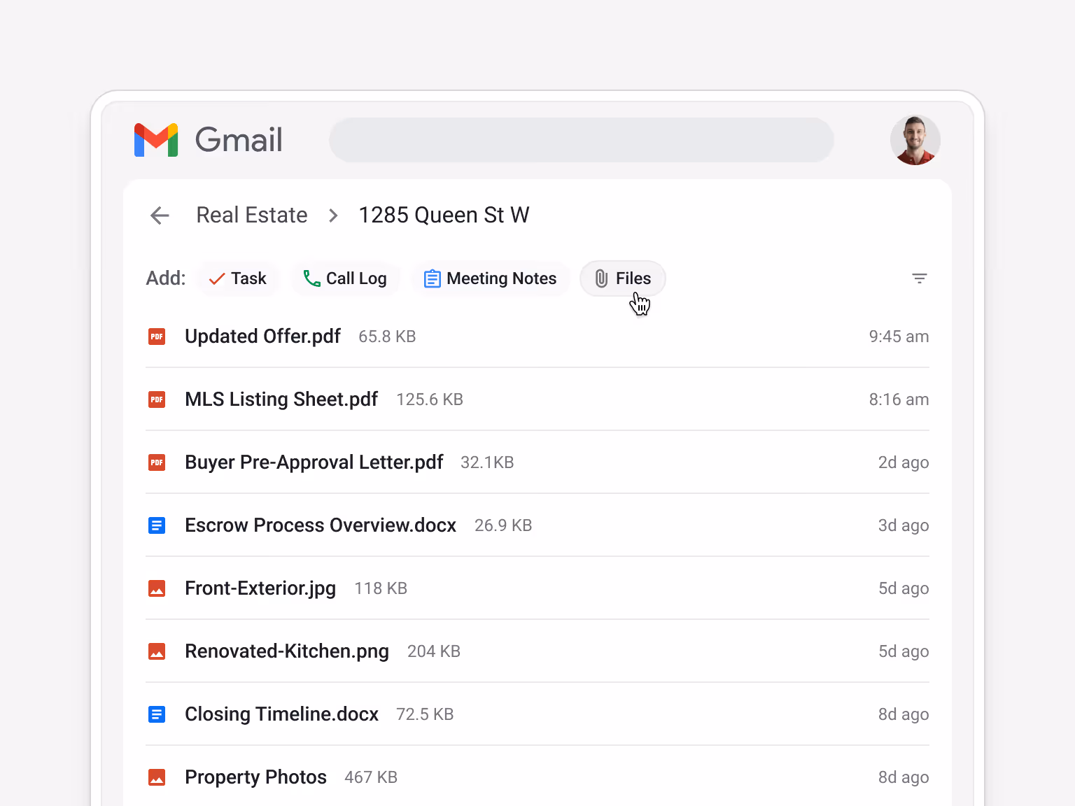 Streak box view in Gmail showing a real estate deal box for “1285 Queen St W” in Streak. The box is in the “Under Contract” stage and includes attached files such as updated offers, MLS sheets, buyer pre-approval letters, property photos, and escrow documents.