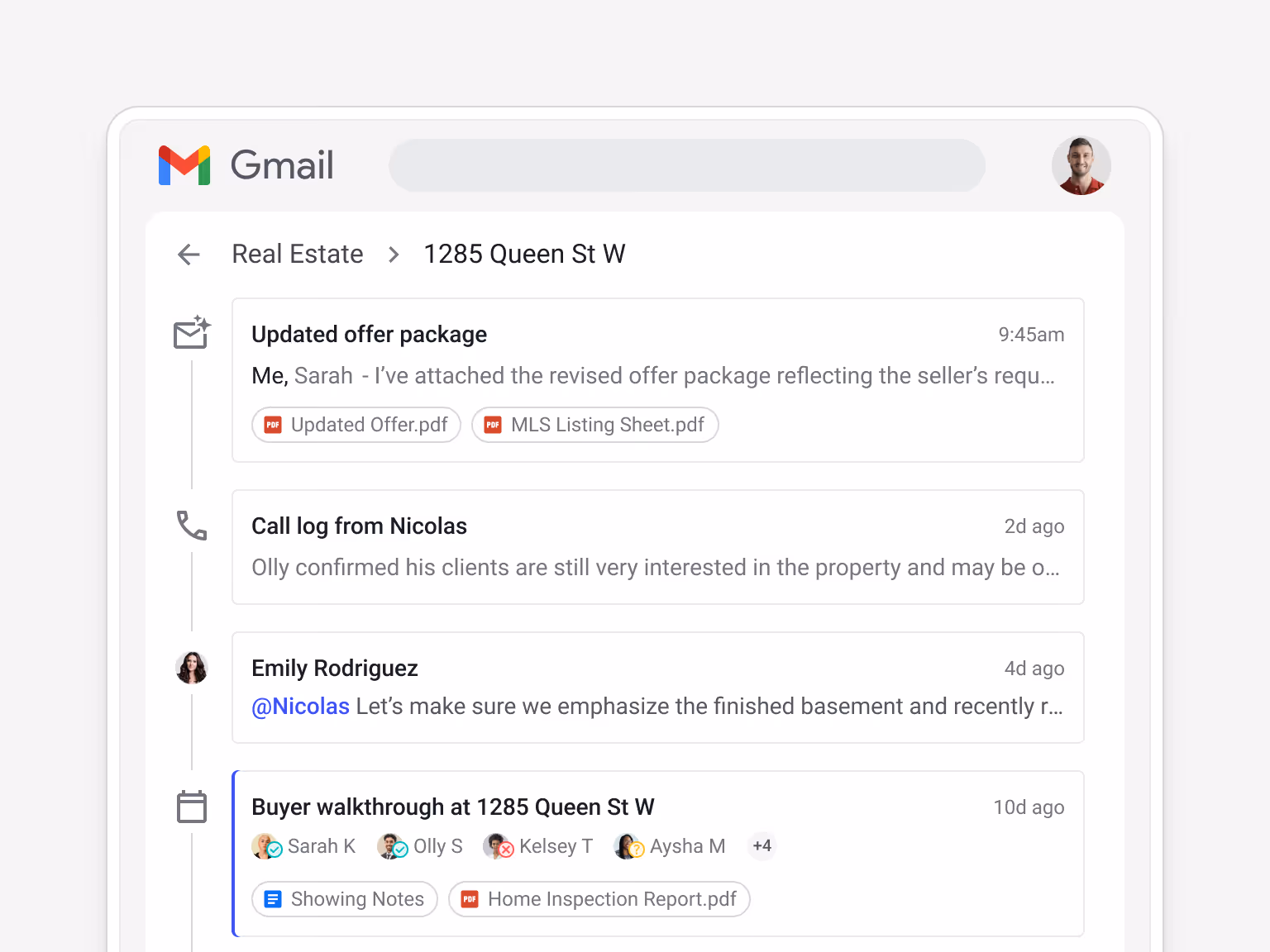 Transaction activity timeline with emails, call logs, comments, meetings, and attached files.
