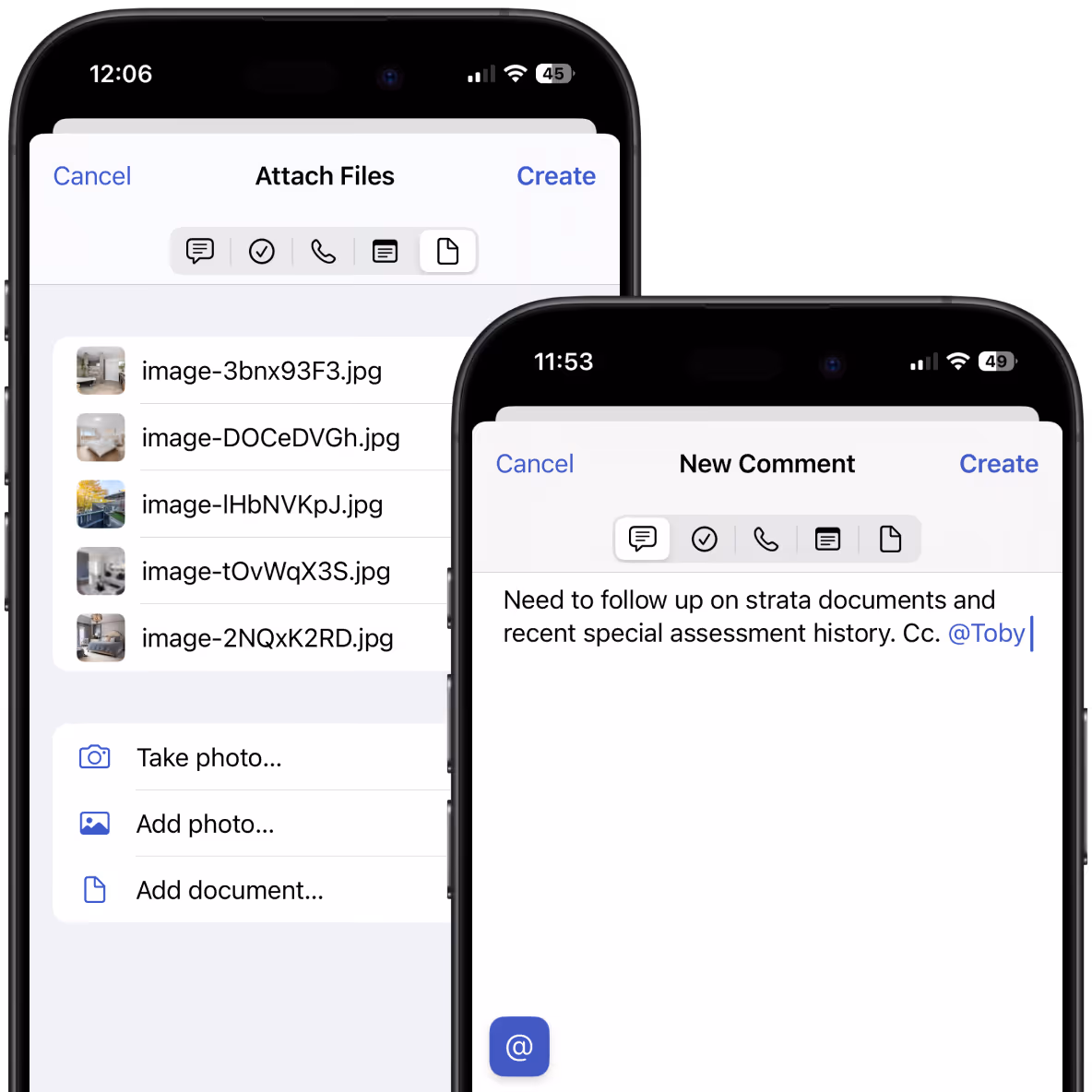 Mobile comment composer with file attachments and @mentions for transaction collaboration.