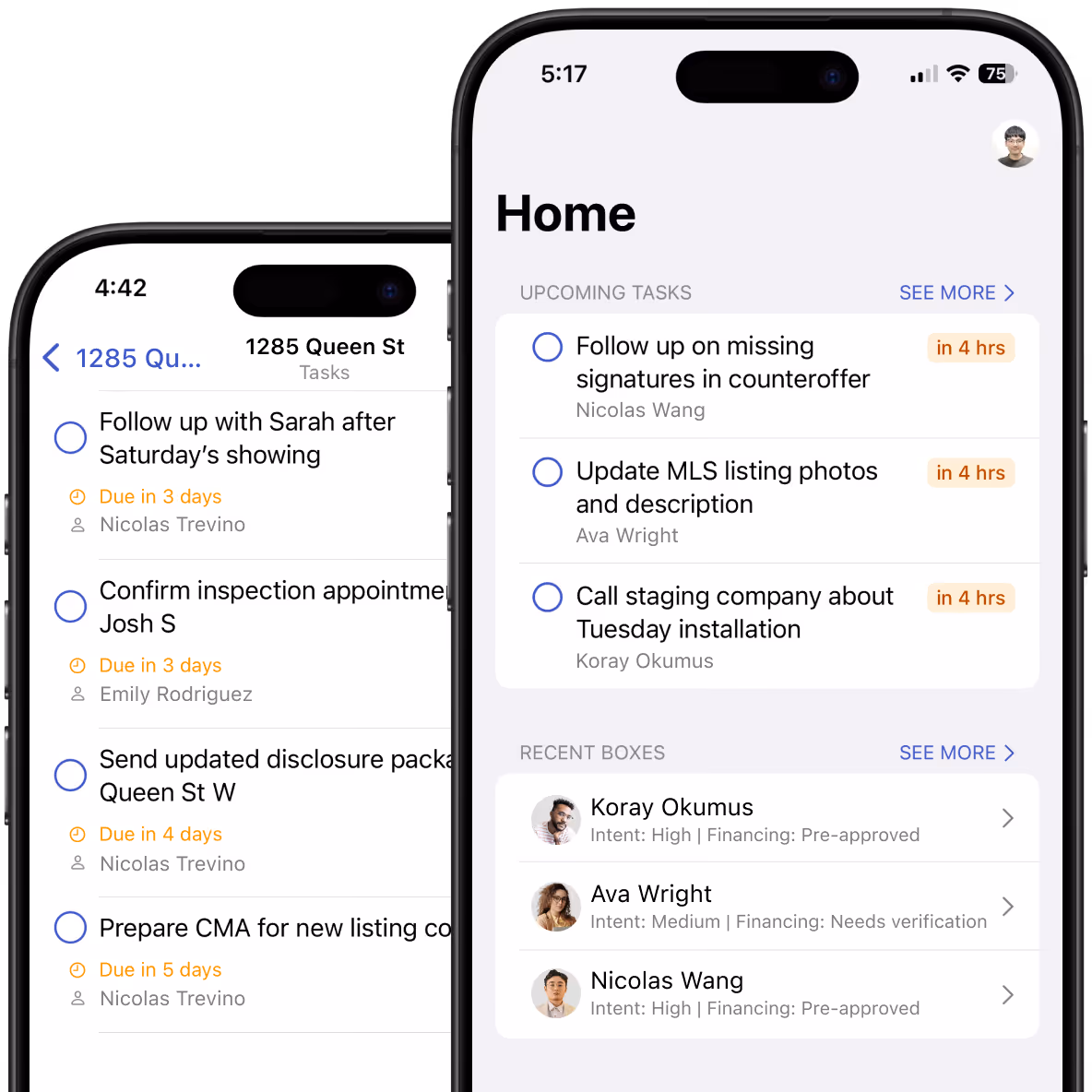 Two mobile screens show task lists and recent contacts with due times and intents for real estate activities.