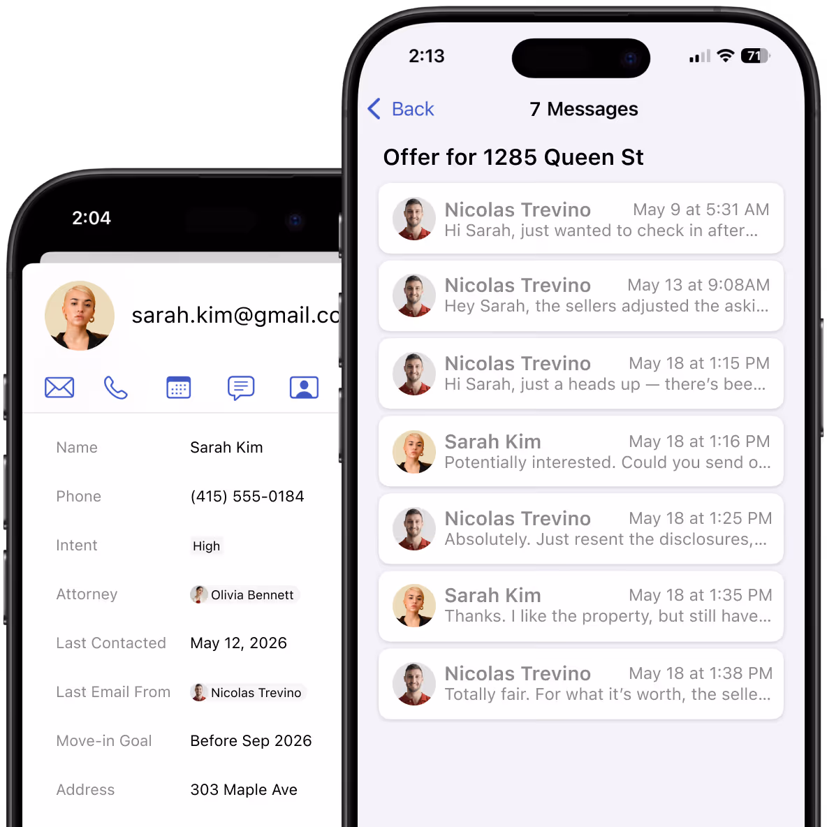 Two iPhones display contact and conversation management screens in the Streak CRM app. One screen shows a contact profile with quick actions and structured customer details. The other screen shows a threaded message history related to a property offer, with message previews and timestamps.